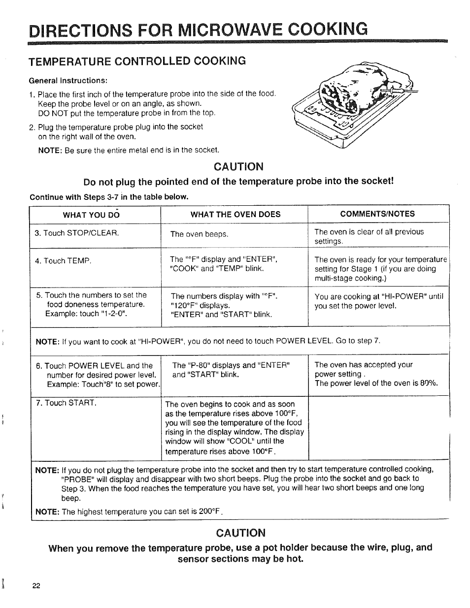 Temperature controlled cooking, General instructions, Caution | Sensor sections may be hot, Directions for microwave cooking, Controlled, Temperature, Cooking | Sears 89950 User Manual | Page 22 / 43