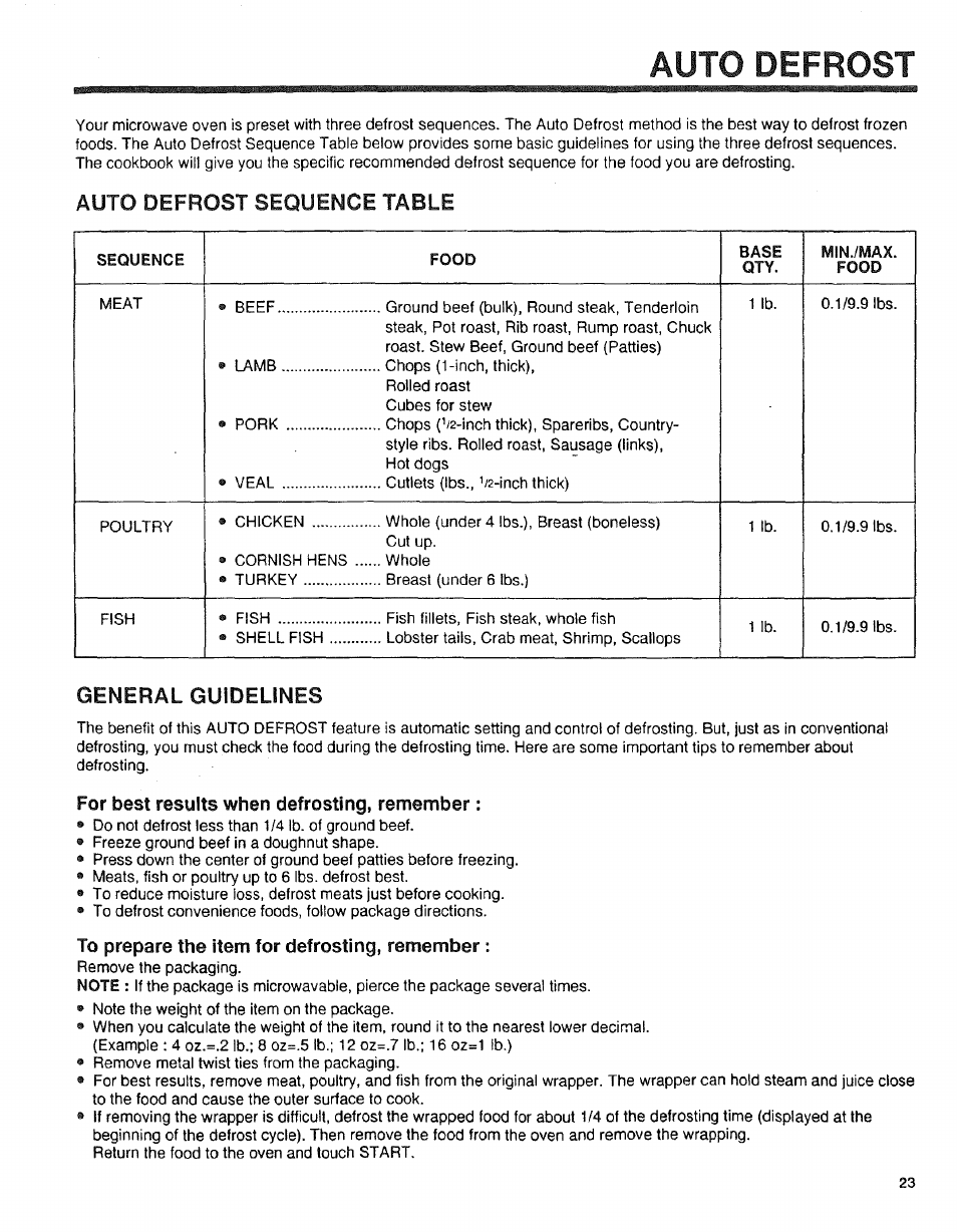 For best results when defrosting, remember, To prepare the item for defrosting, remember, Auto defrost | Auto defrost sequence table, General guidelines | Sears 89950 User Manual | Page 23 / 43