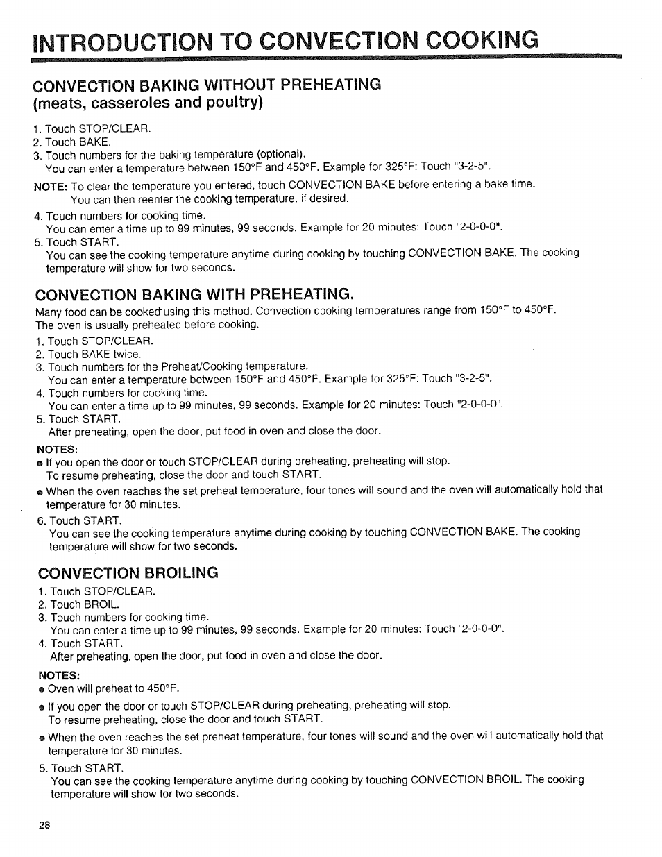Convection baking with preheating, Convection broiling, Notes | Introduction to convection cooking, Meats, casseroles and poultry), Convection baking without preheating | Sears 89950 User Manual | Page 28 / 43