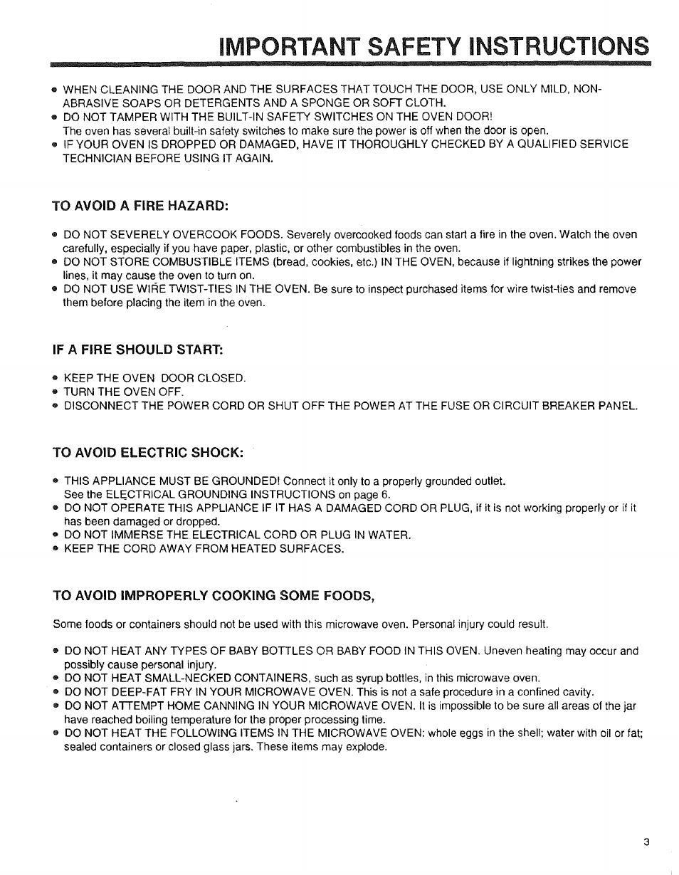 To avoid a fire hazard, If a fire should start, To avoid electric shock | To avoid improperly cooking some foods, Important safety instructions | Sears 89950 User Manual | Page 3 / 43