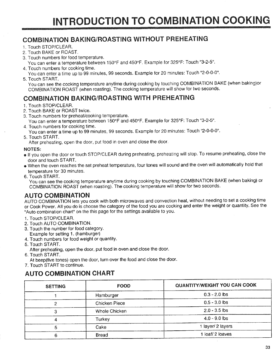 Combination bakinq/roasting without preheating, Combination baking/roasting with preheating, Notes | Auto combination, Auto combination chart, Introduction to combination cooking | Sears 89950 User Manual | Page 33 / 43