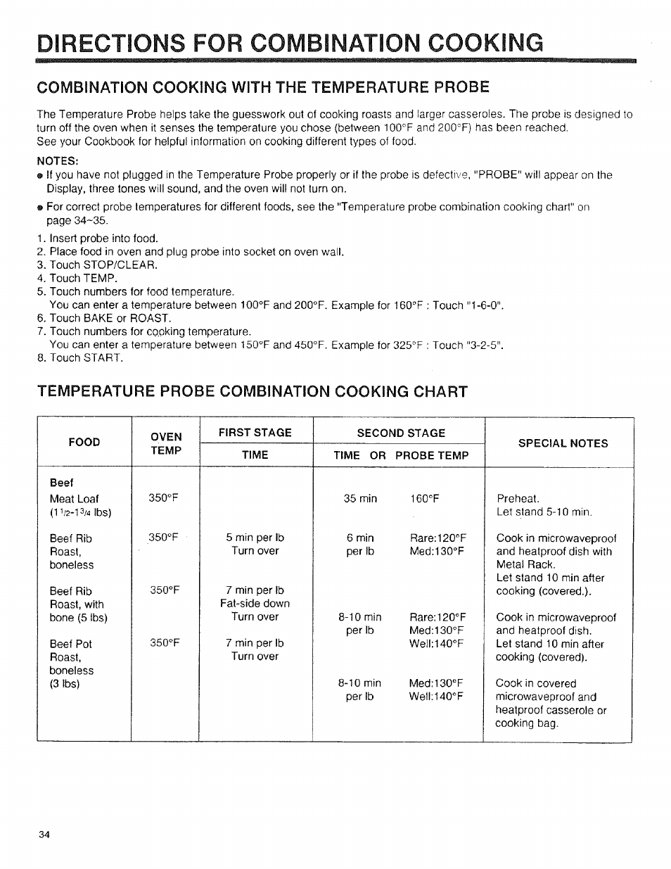 Combination cooking with the temperature probe, Temperature probe combination cooking chart, Directions for combination cooking | Combination, Cooking with the temperature probe | Sears 89950 User Manual | Page 34 / 43