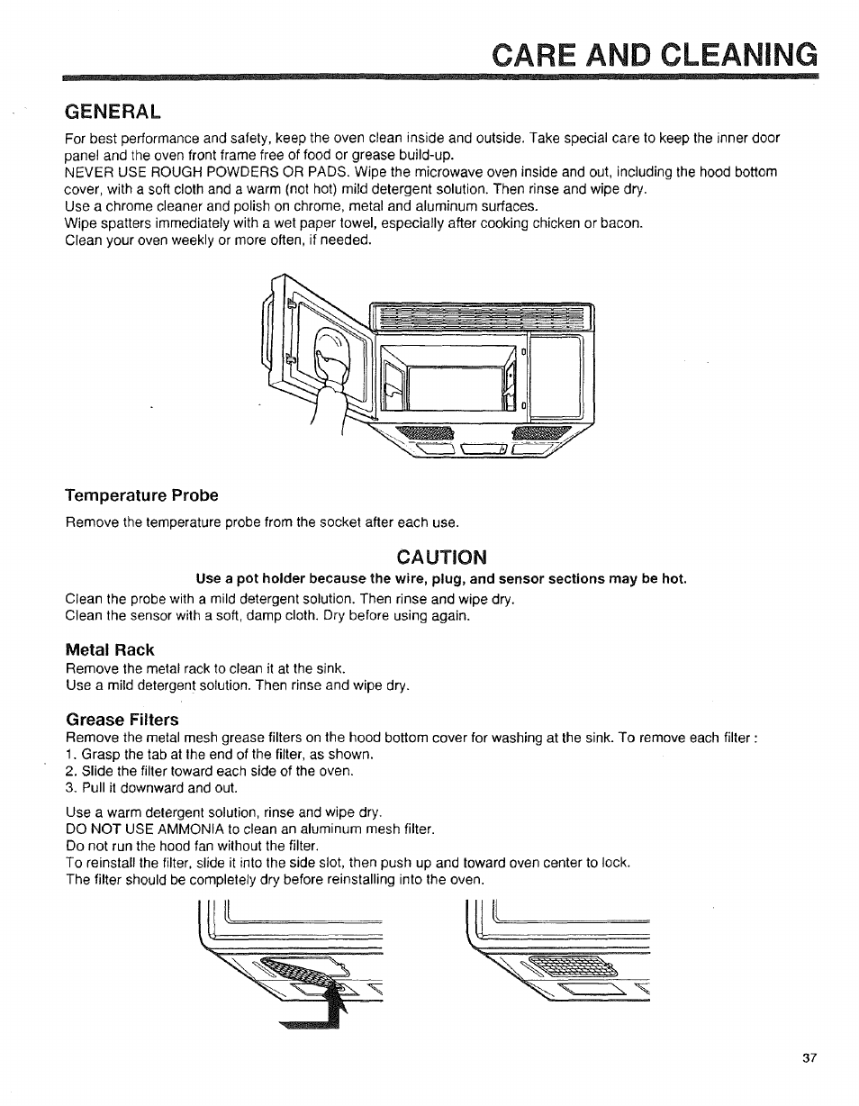 Care and cleaning, General, Temperature probe | Caution, Metal rack, Grease filters | Sears 89950 User Manual | Page 37 / 43