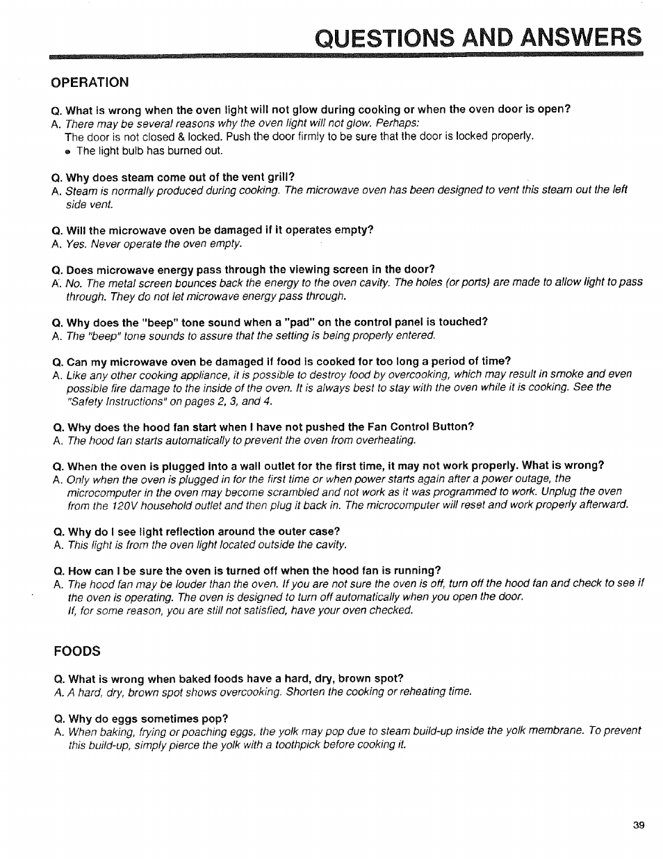 Operation, Q. why does steam come out of the vent grill, Foods | Q. why do eggs sometimes pop, Questions and answers | Sears 89950 User Manual | Page 39 / 43