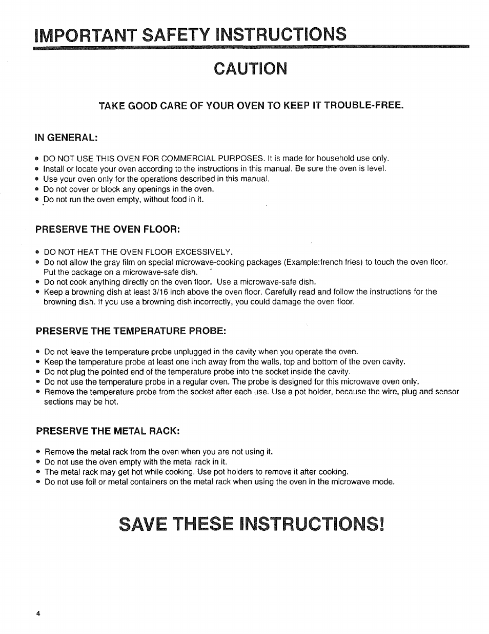 Caution, In general, Preserve the oven floor | Preserve the temperature probe, Preserve the metal rack, Important safety instructions, Save these instructions | Sears 89950 User Manual | Page 4 / 43