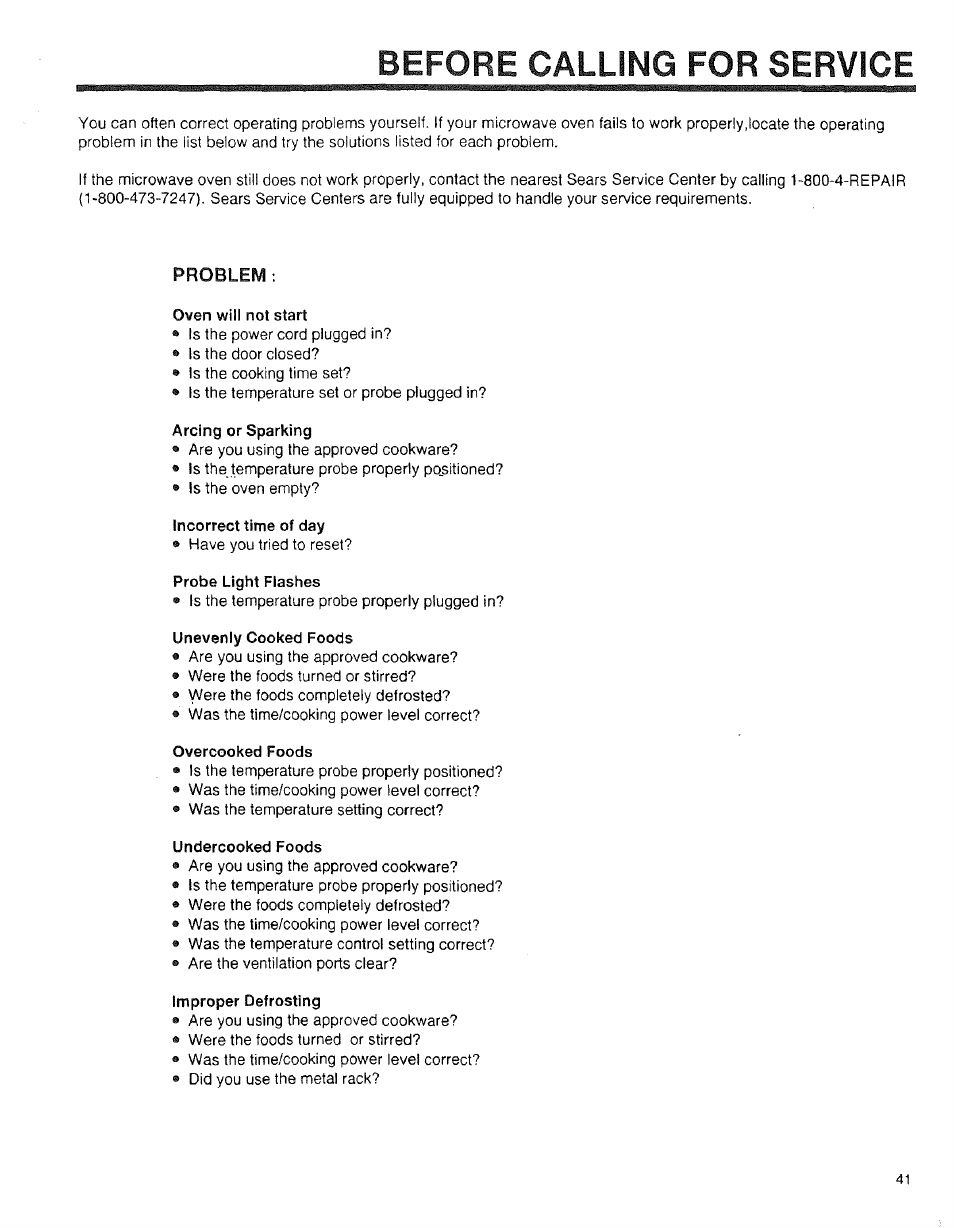 Before calling for service, Problem, Overcooked foods | Sears 89950 User Manual | Page 41 / 43