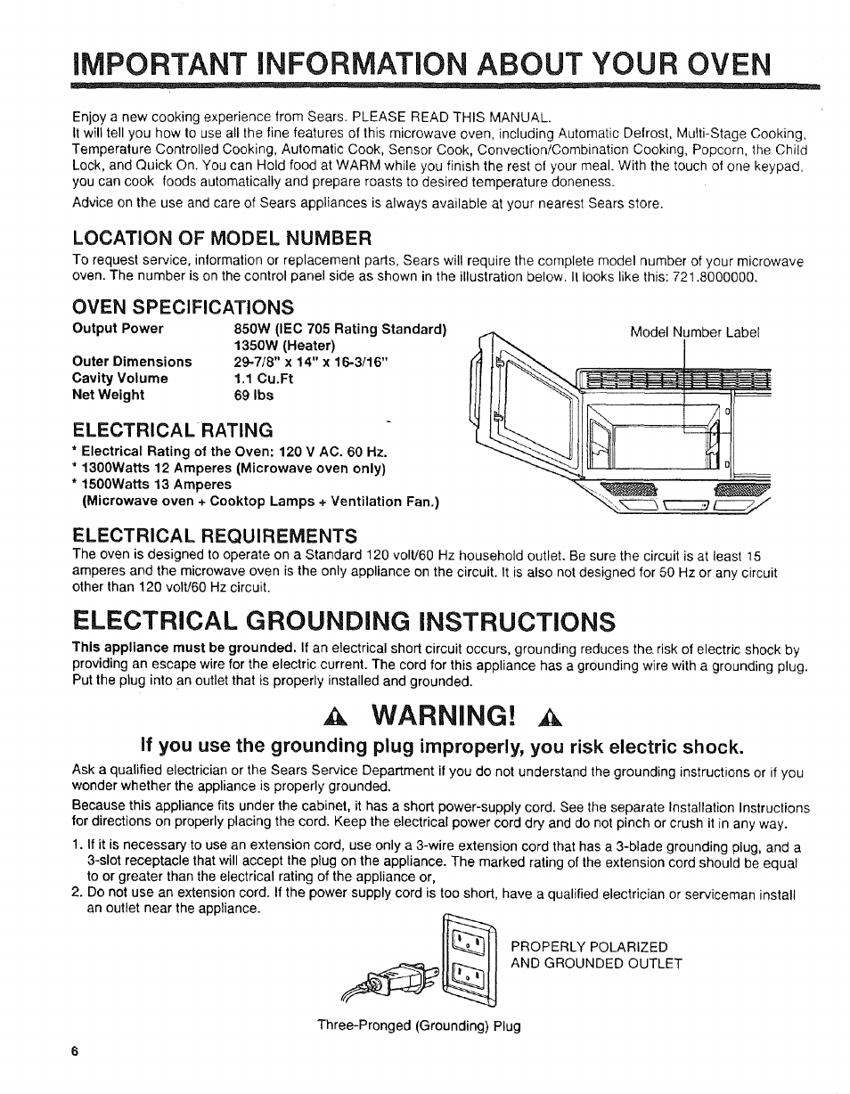 Location of model number, Oven specifications, 7/8" x 14" x 16-3/16 | 1 cu.ft 69 lbs, Electrical rating, Electrical requirements, Electrical grounding instructions, A warning! a, Important information about your oven | Sears 89950 User Manual | Page 6 / 43