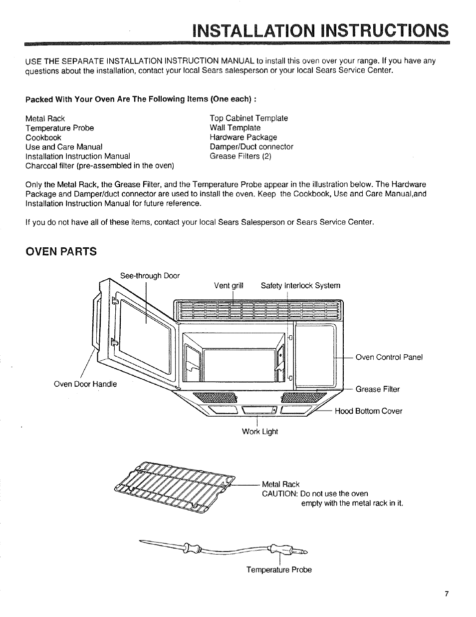 Oven parts, Installation instructions | Sears 89950 User Manual | Page 7 / 43