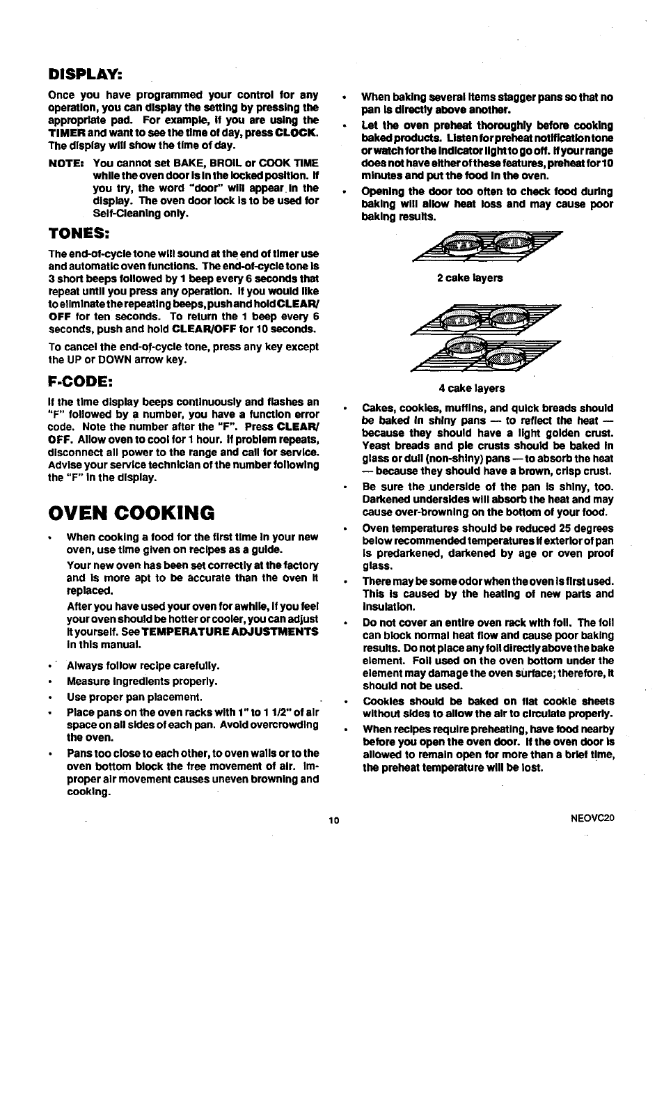 Display, Tones, F-code | Oven cooking | Sears KENMORE 45520 User Manual | Page 11 / 24