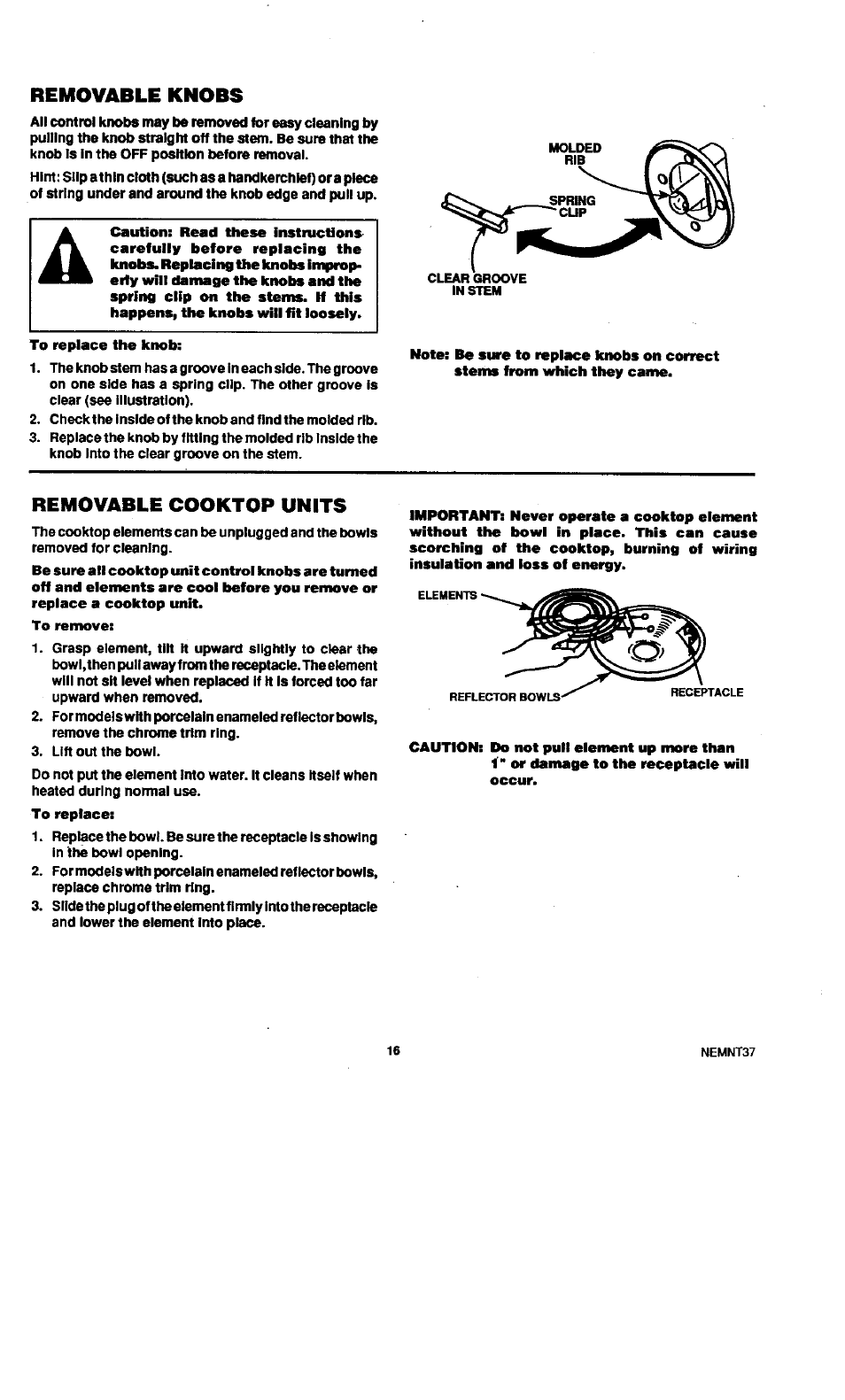 Removable cooktop units, Removable knobs | Sears KENMORE 45520 User Manual | Page 17 / 24