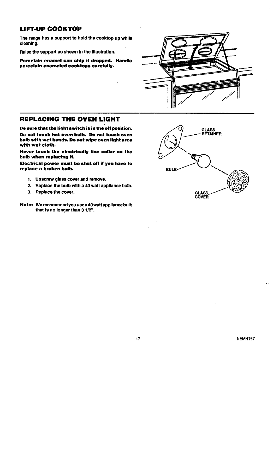 Lift-up cooktop, Replacing the oven light | Sears KENMORE 45520 User Manual | Page 18 / 24