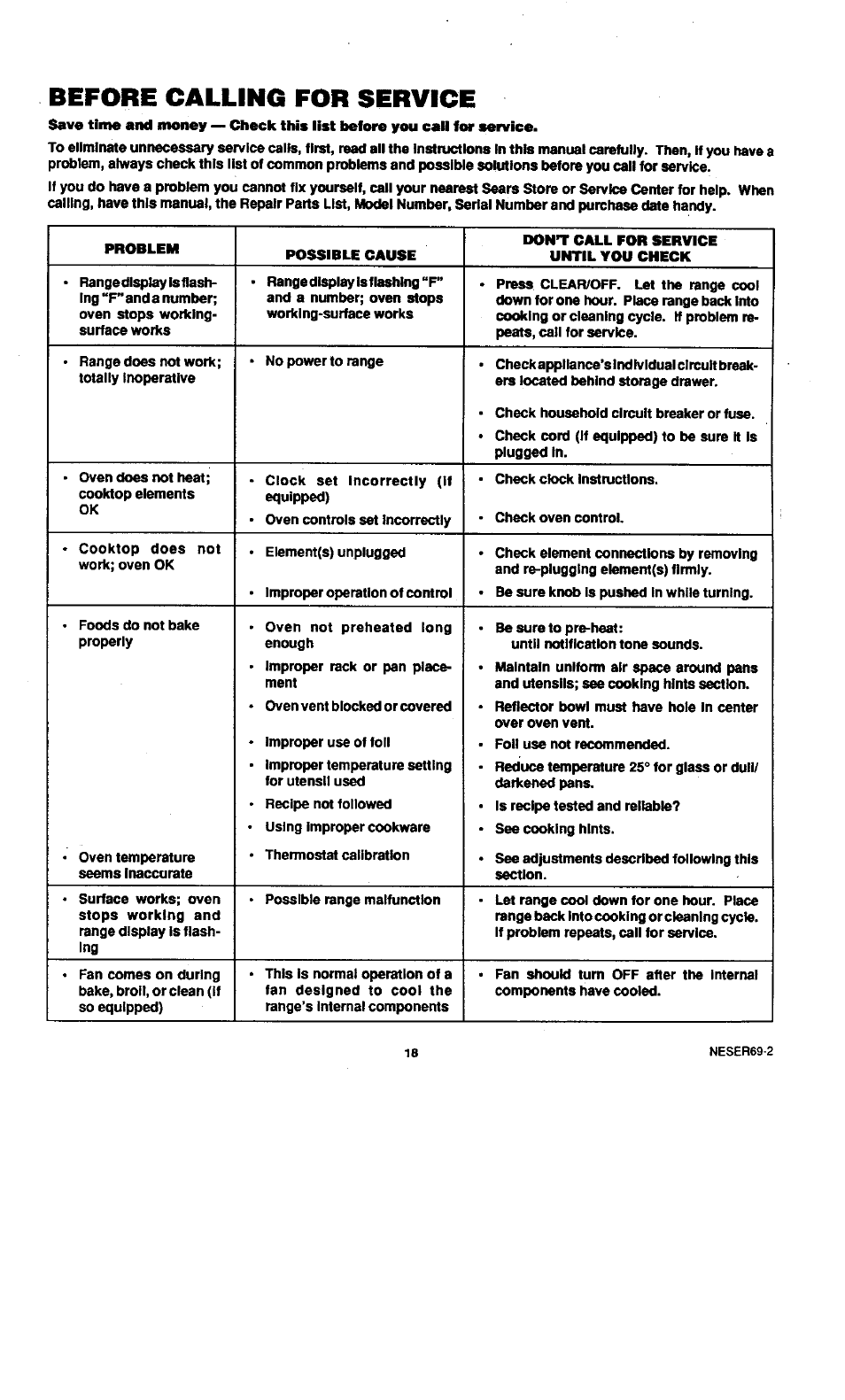 Before calling for service | Sears KENMORE 45520 User Manual | Page 19 / 24