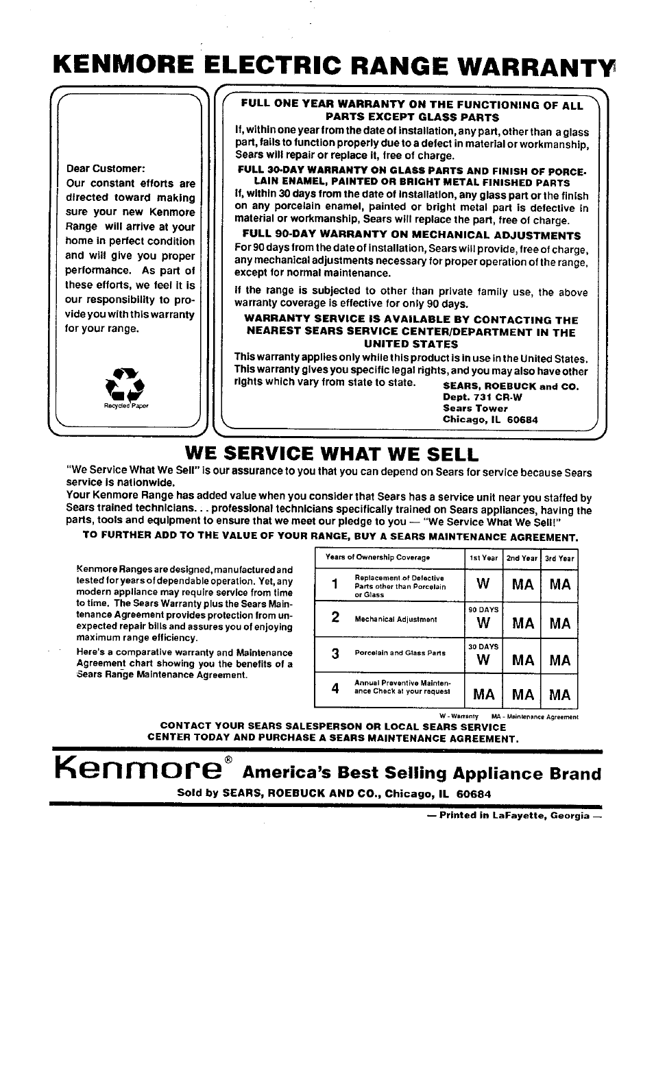 We service what we sell, Kenmore, Kenmore electric range warranty | America’s best selling appliance brand | Sears KENMORE 45520 User Manual | Page 24 / 24