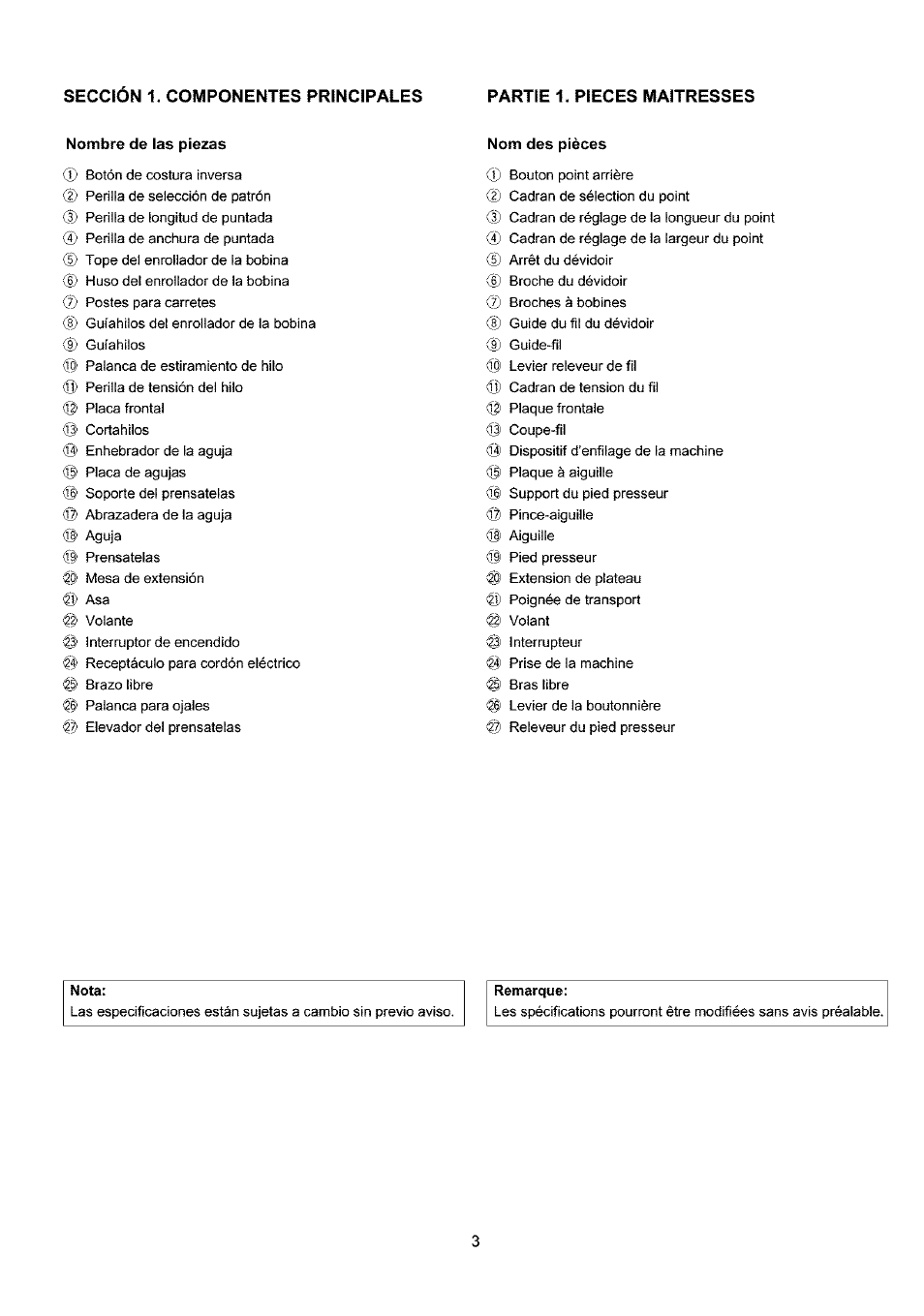 Sección 1. componentes principales, Partie 1. pieces maitresses, Nombre de las piezas | Cd (d cd, Cd cd | Sears 385.4052LX200 User Manual | Page 11 / 79