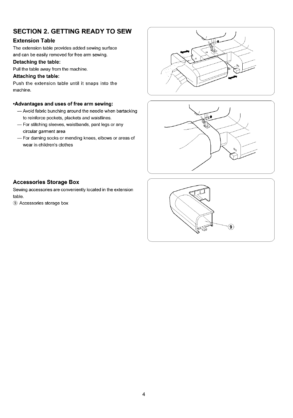 Section 2. getting ready to sew, Extension table, Advantages and uses of free arm sewing | Accessories storage box, Advantages and uses of free arm sew/ing | Sears 385.4052LX200 User Manual | Page 12 / 79