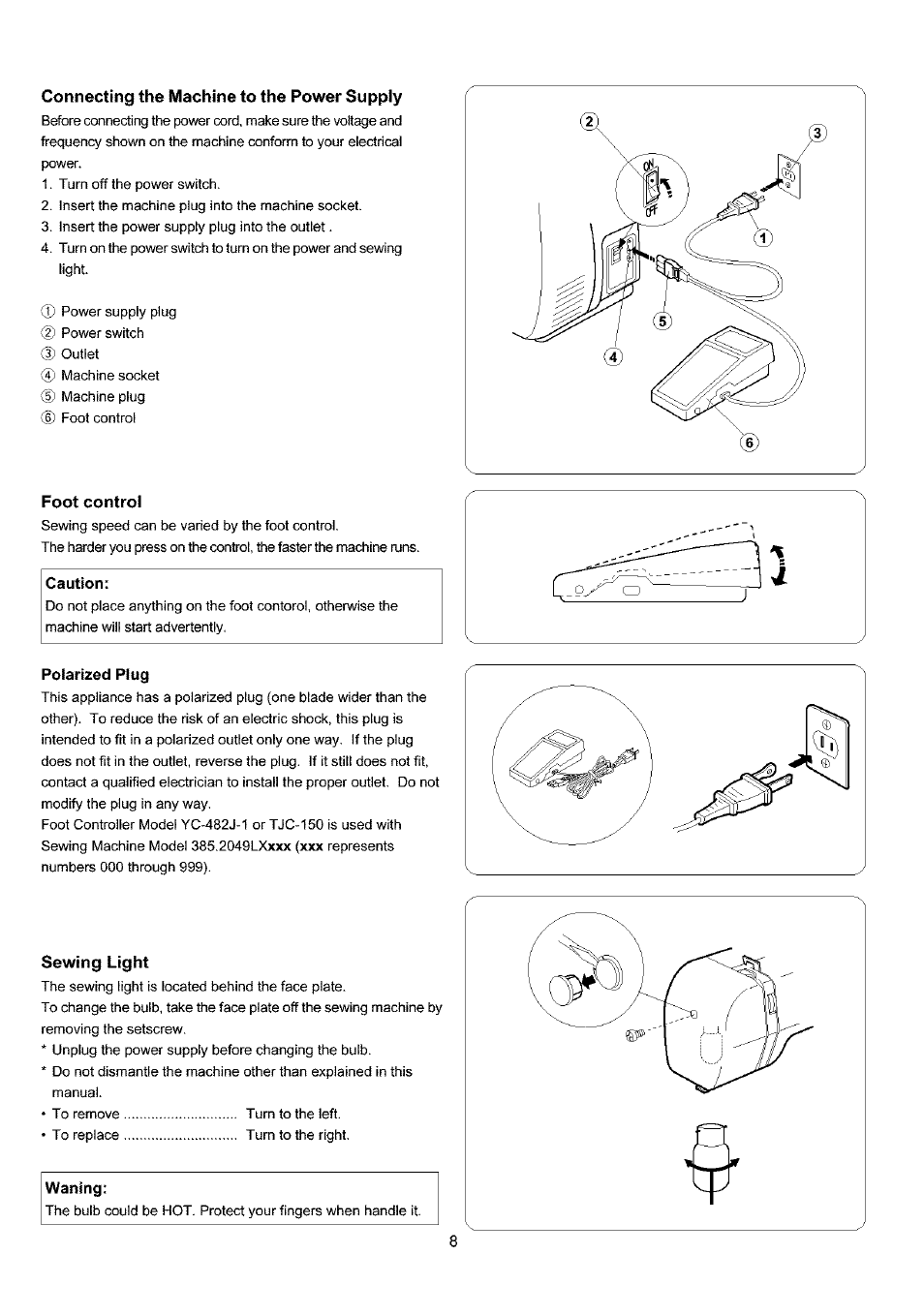 Connecting the machine to the power supply, Foot control, Caution | Polarized plug, Sewing light | Sears 385.4052LX200 User Manual | Page 16 / 79