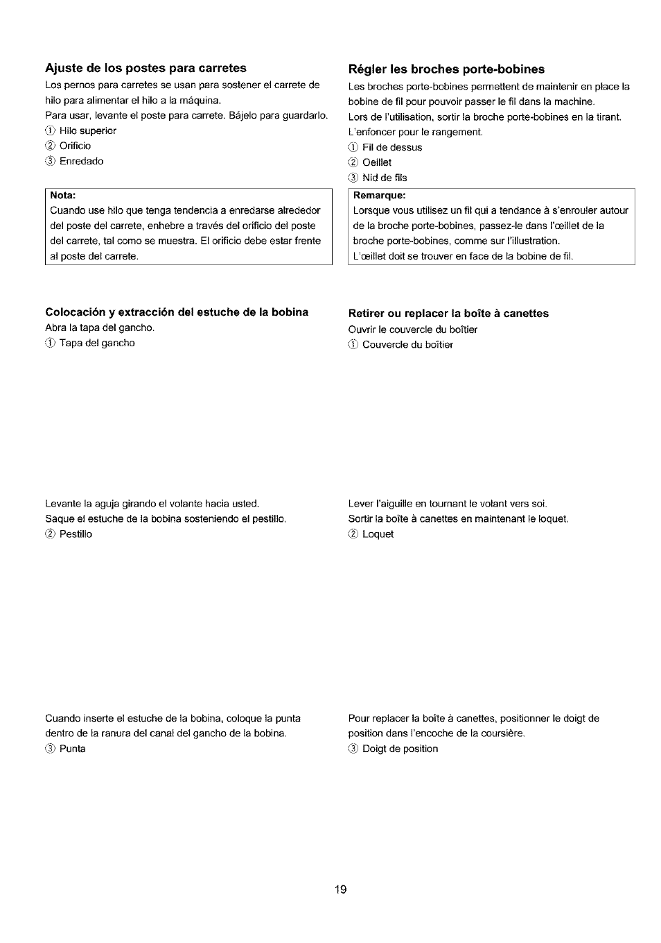 Ajuste de los postes para carretes, Régler les broches porte-bobines, Colocación у extracción del estuche de la bobina | Colocación y extracción del estuche de la bobina | Sears 385.4052LX200 User Manual | Page 27 / 79
