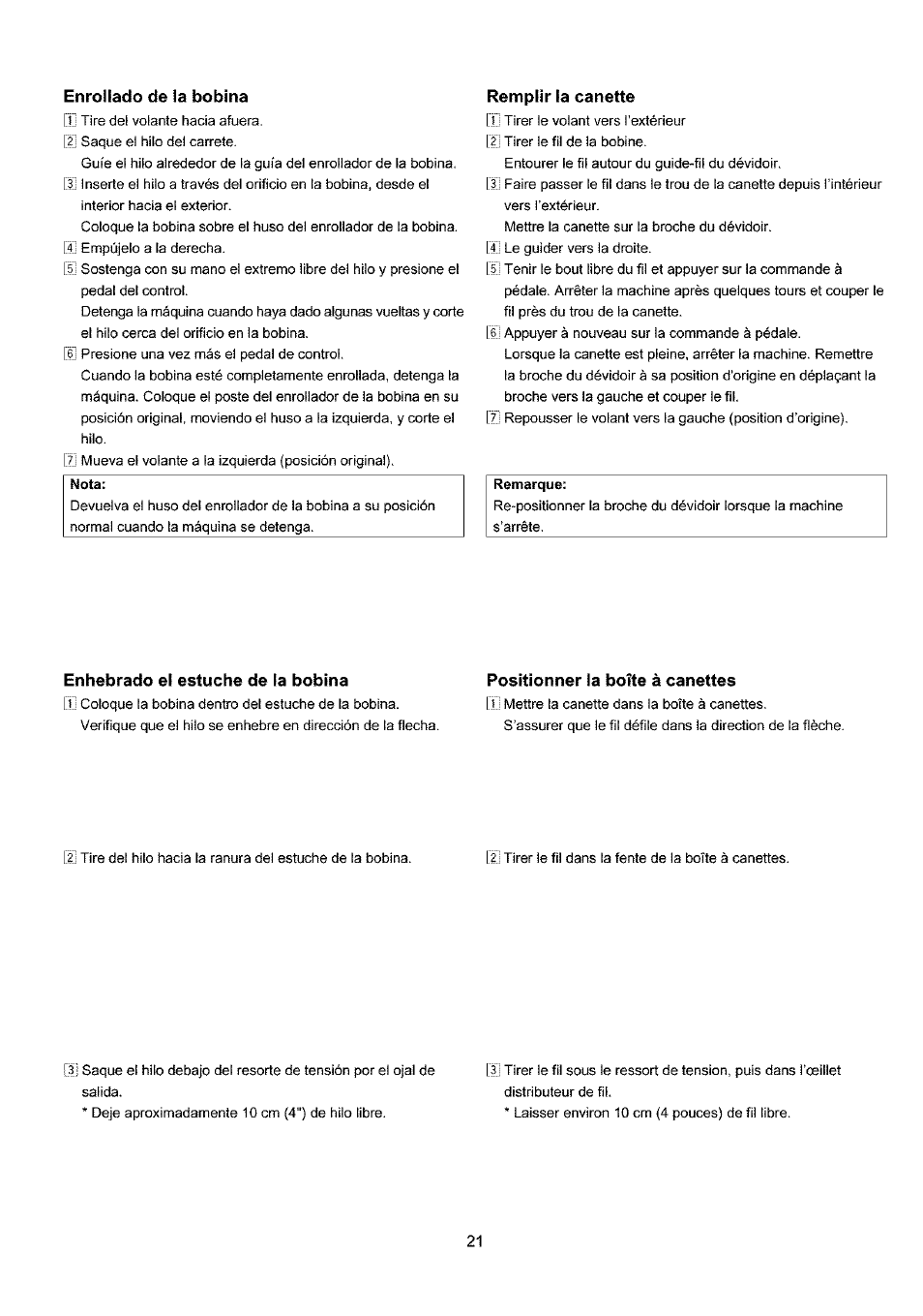 Enrollado de la bobina, Nota, Remplir la canette | Enhebrado el estuche de la bobina, Positionner la boîte à canettes, Enroiiado de la bobina | Sears 385.4052LX200 User Manual | Page 29 / 79