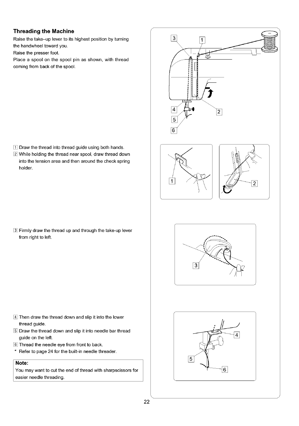 Threading the machine, Note | Sears 385.4052LX200 User Manual | Page 30 / 79