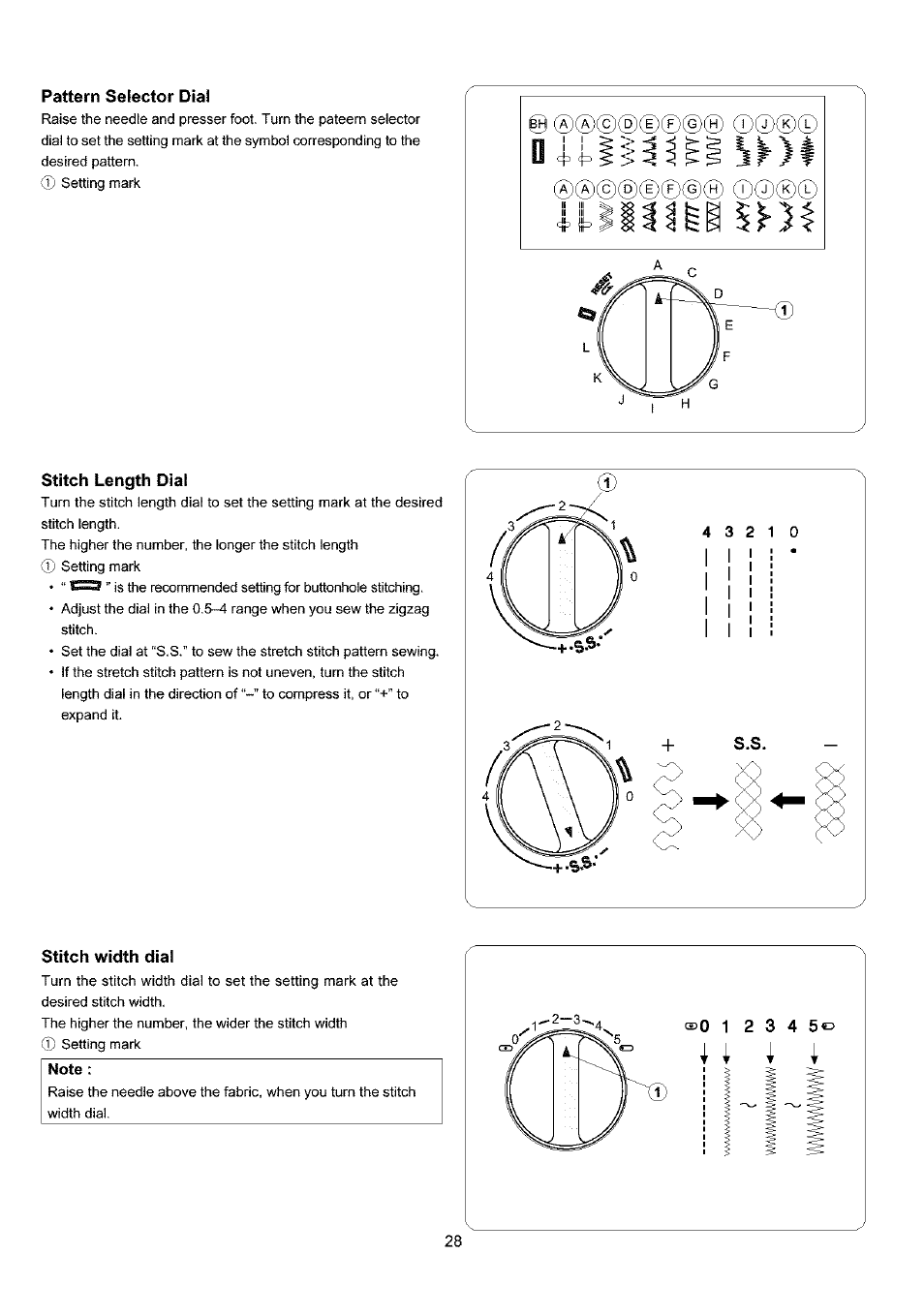 Pattern selector dial, Stitch length dial, Stitch width dial | Note | Sears 385.4052LX200 User Manual | Page 36 / 79
