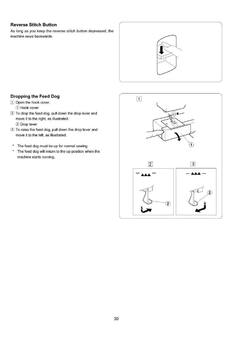 Reverse stitch button, Dropping the feed dog | Sears 385.4052LX200 User Manual | Page 38 / 79