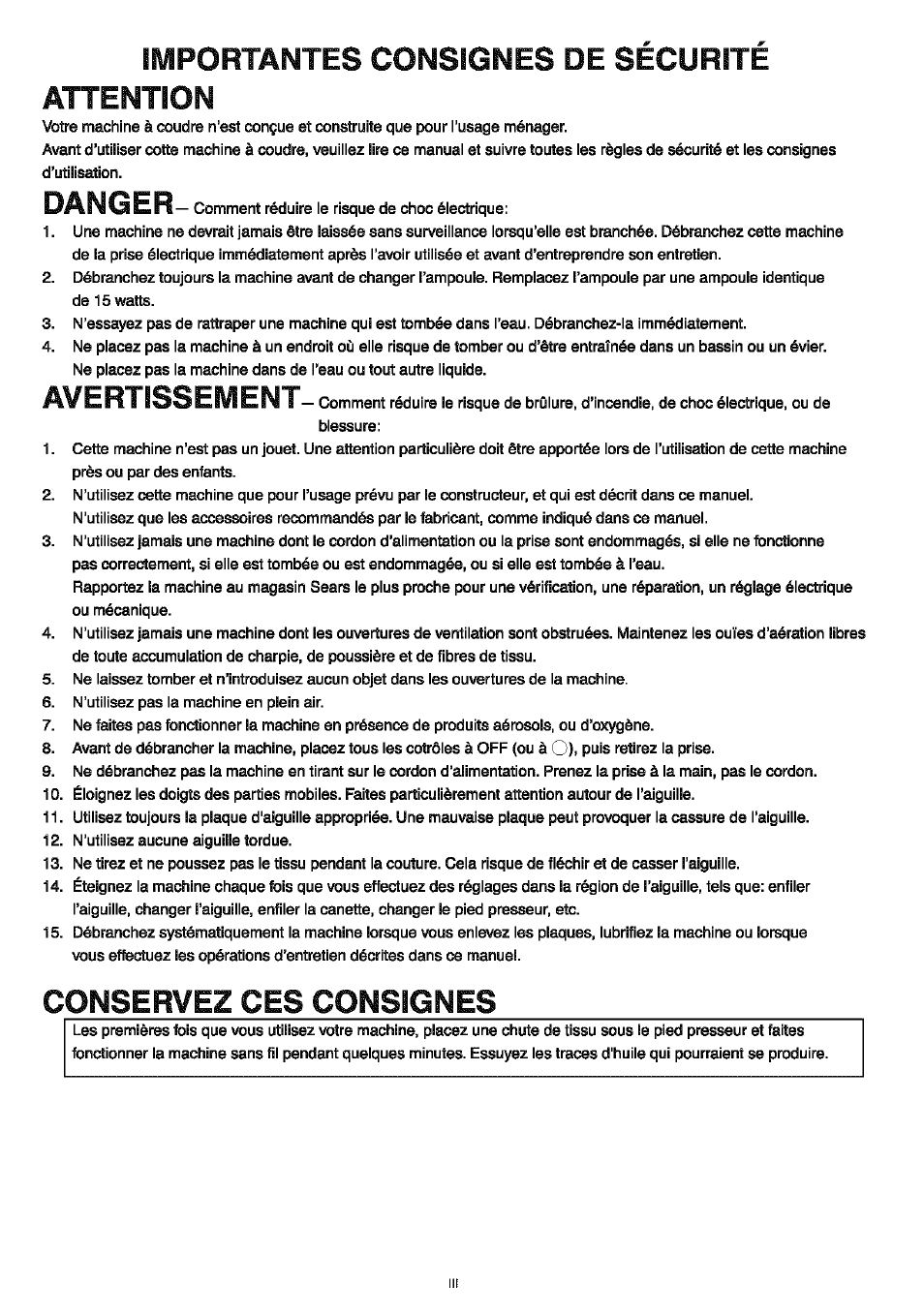 Importantes consignes de securite attention, Danger, Conservez ces consignes | Avertissement | Sears 385.4052LX200 User Manual | Page 4 / 79