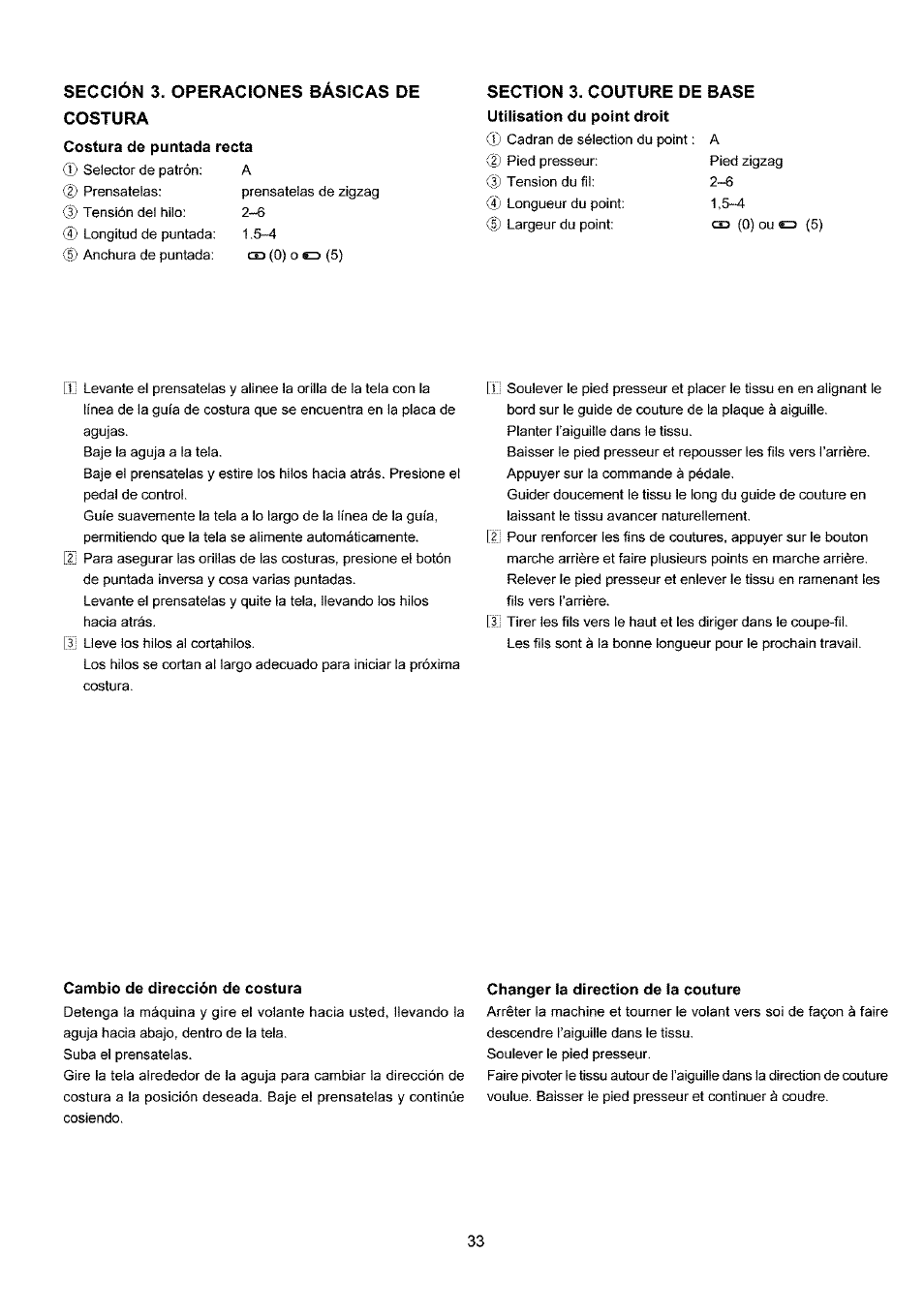 Sección 3. operaciones básicas de costura, Cambio de dirección de costura, Changer la direction de la couture | Sears 385.4052LX200 User Manual | Page 41 / 79