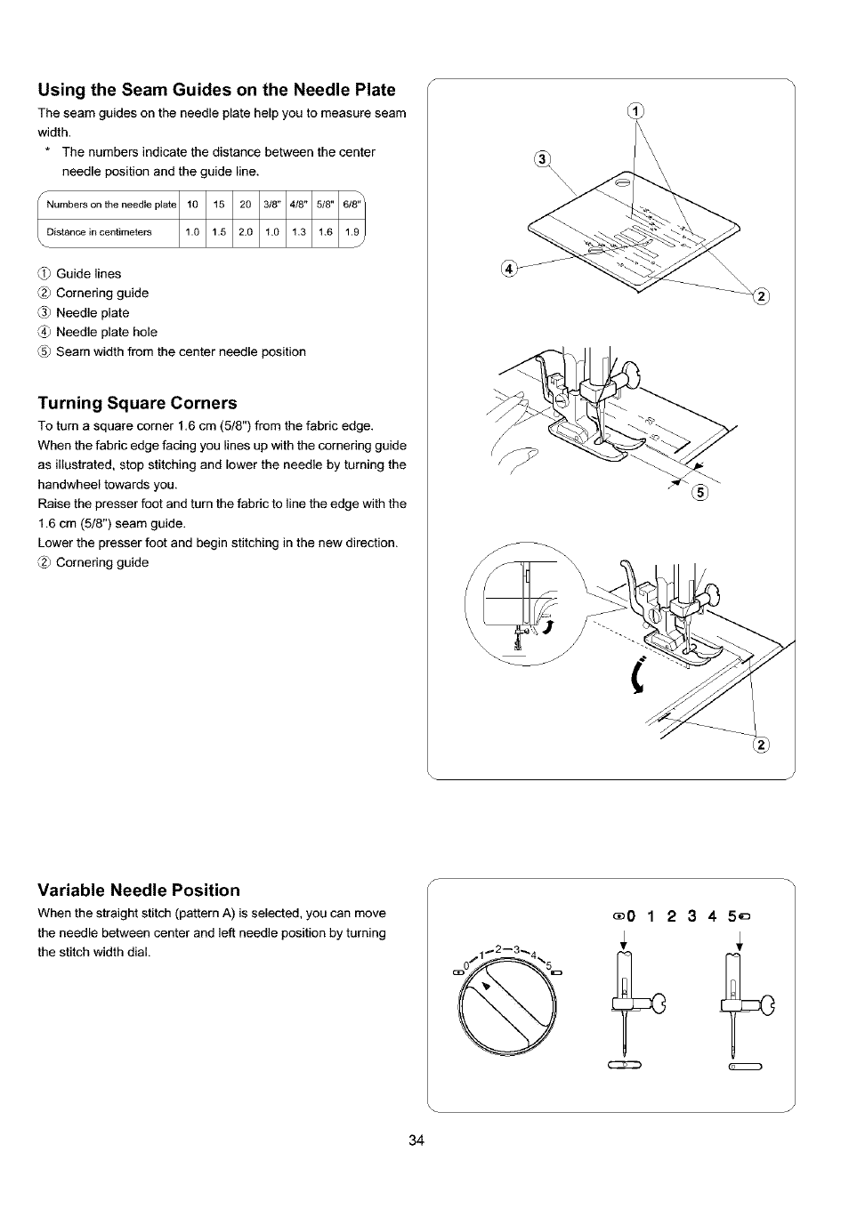 Using the seam guides on the needie piate, Turning square corners, Variabie needie position | Using the seam guides on the needle plate, Variable needle position | Sears 385.4052LX200 User Manual | Page 42 / 79