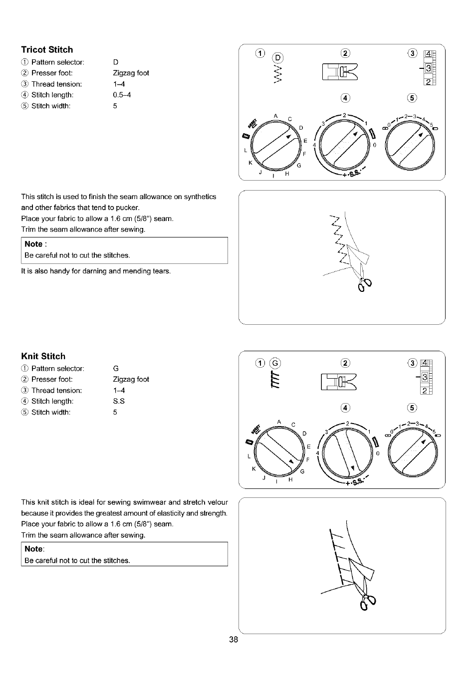 Tricot stitch, Knit stitch, Note | Sears 385.4052LX200 User Manual | Page 46 / 79
