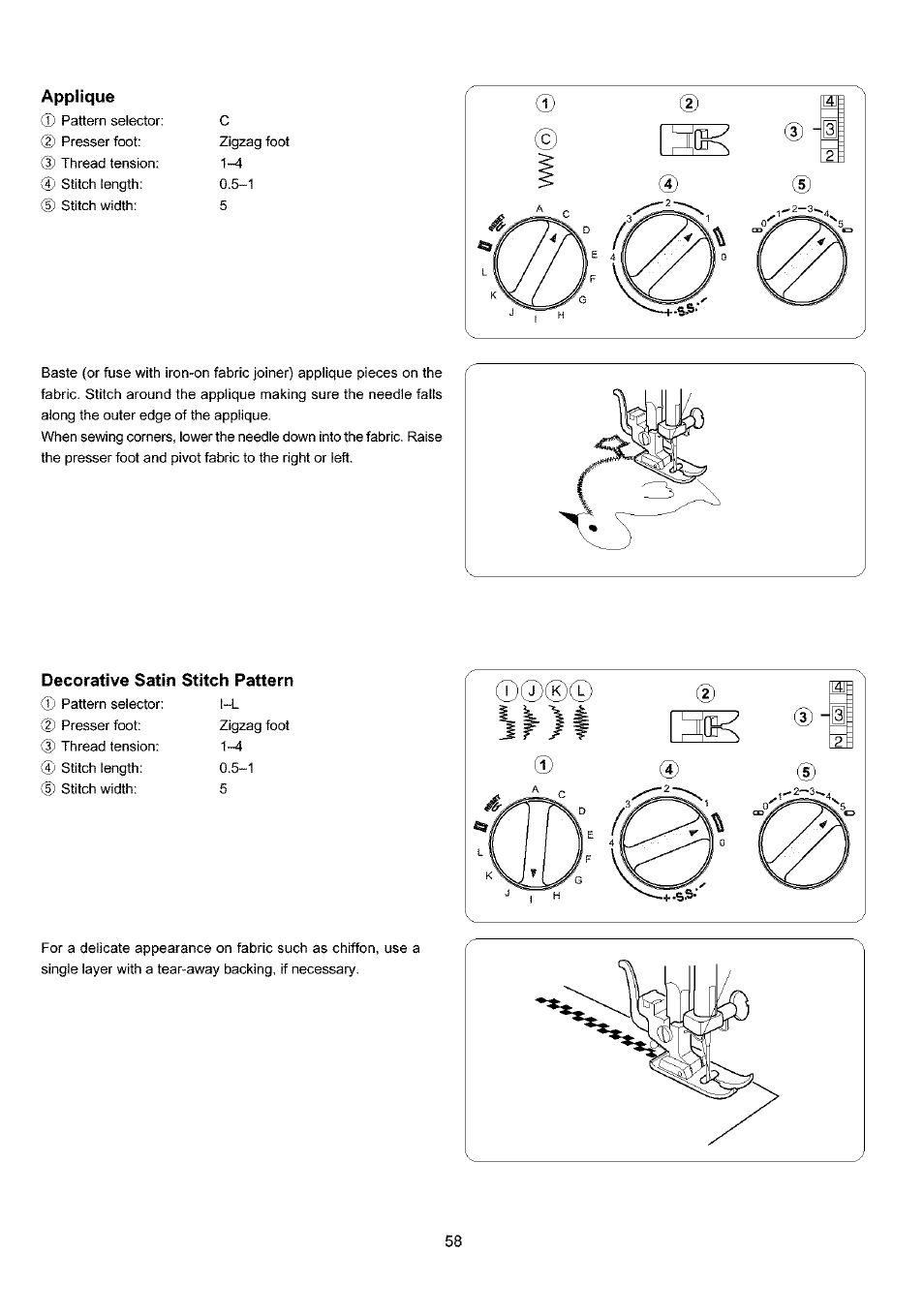 Applique, Decorative satin stitch pattern | Sears 385.4052LX200 User Manual | Page 66 / 79