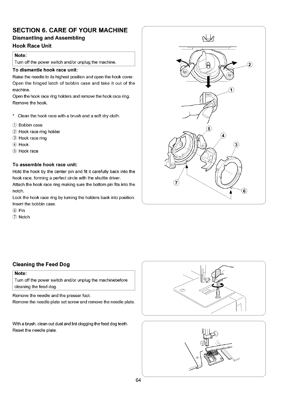 Section 6. care of your machine, Dismantling and assembling hook race unit note, To dismantle hook race unit | To assemble hook race unit, Cleaning the feed dog, Note, Dismantling and assembling hook race unit | Sears 385.4052LX200 User Manual | Page 72 / 79