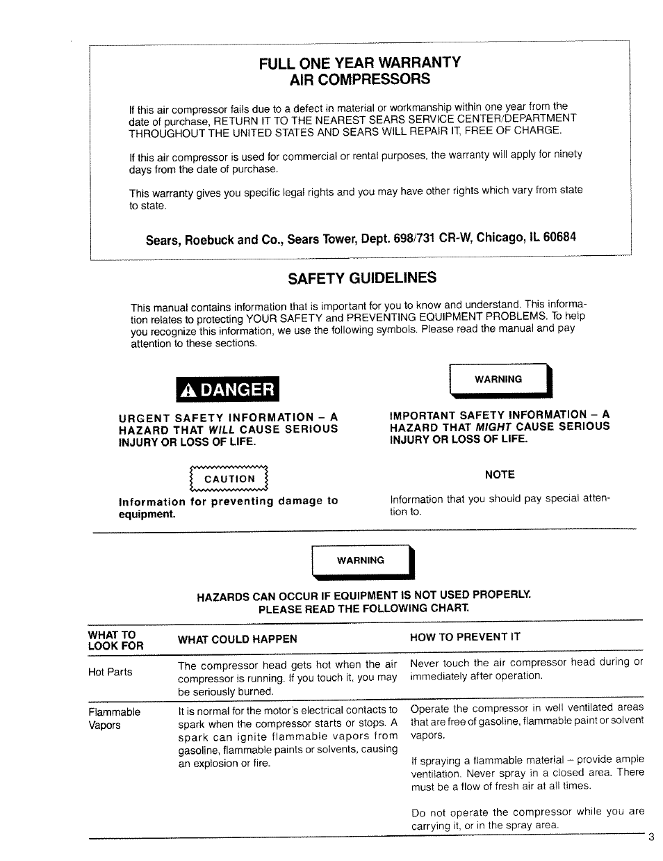 Adanger, Note | Sears Craftsman 919.153111 User Manual | Page 3 / 16