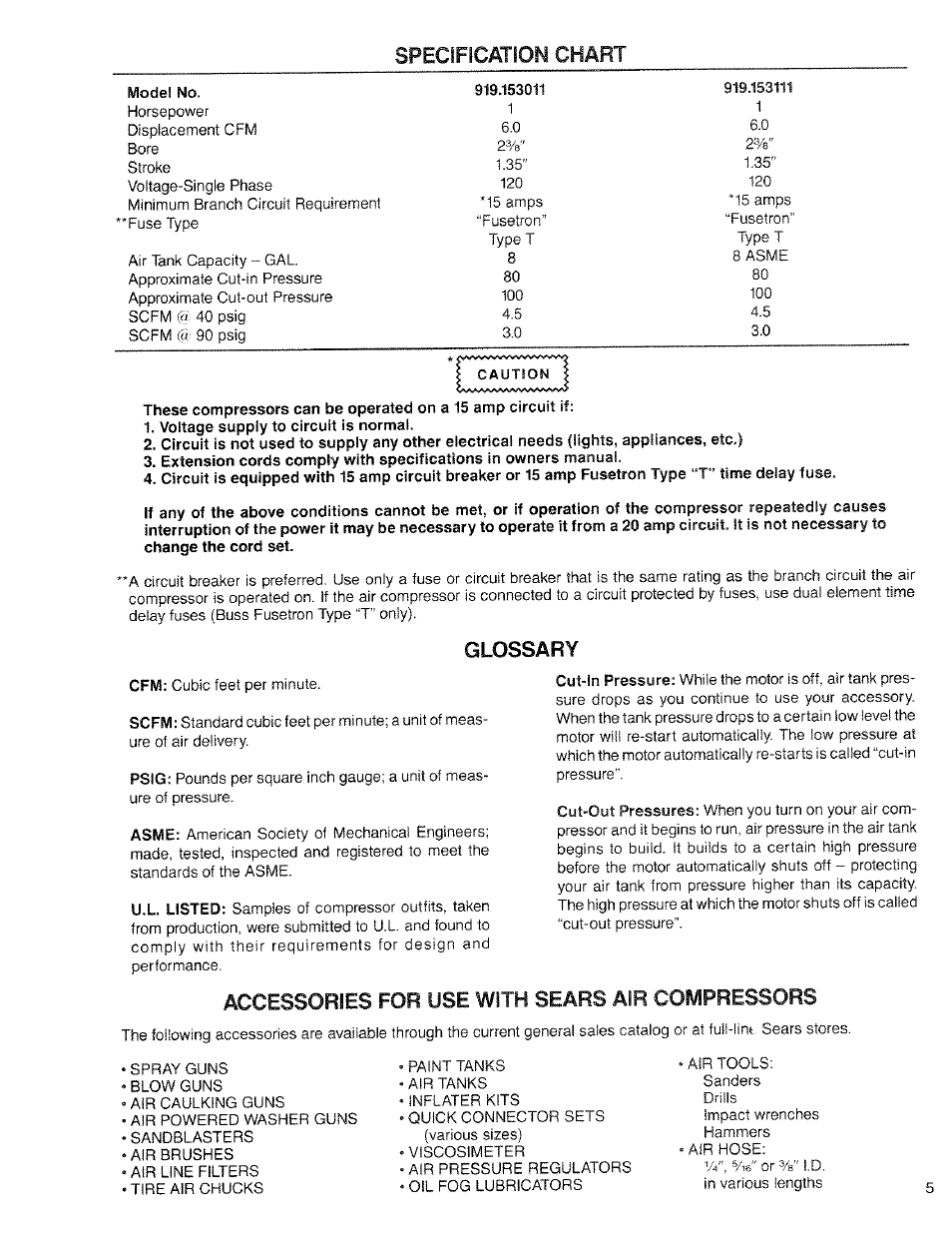 Voltage supply to circuit is normal, Specification chart, Glossary | Accessories for use with sears air compressors | Sears Craftsman 919.153111 User Manual | Page 5 / 16