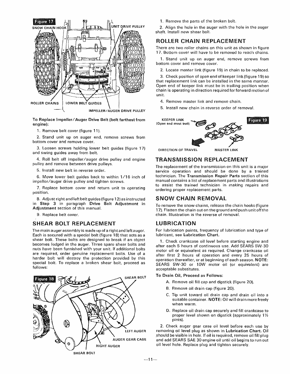 Shear bolt replacement, Roller chain replacement, Transmission replacement | Snow chain removal, Lubrication | Sears 536.9183 User Manual | Page 11 / 28