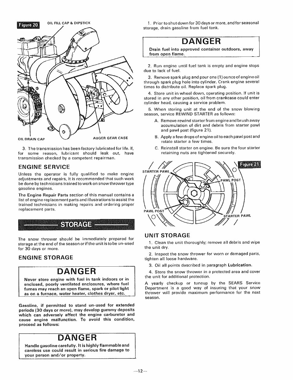 Storage, Danger, Engine service | Engine storage, Unit storage | Sears 536.9183 User Manual | Page 12 / 28