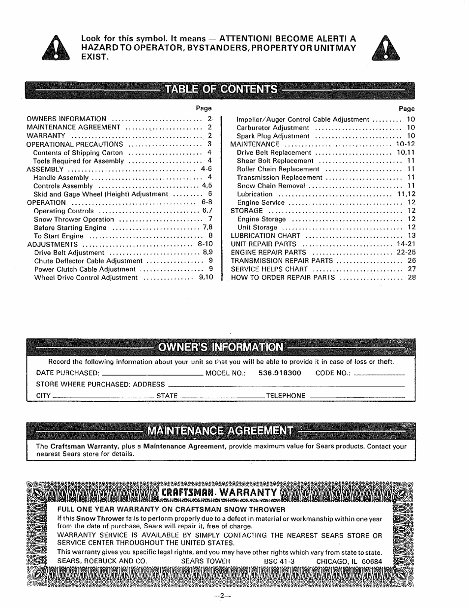 Sears 536.9183 User Manual | Page 2 / 28