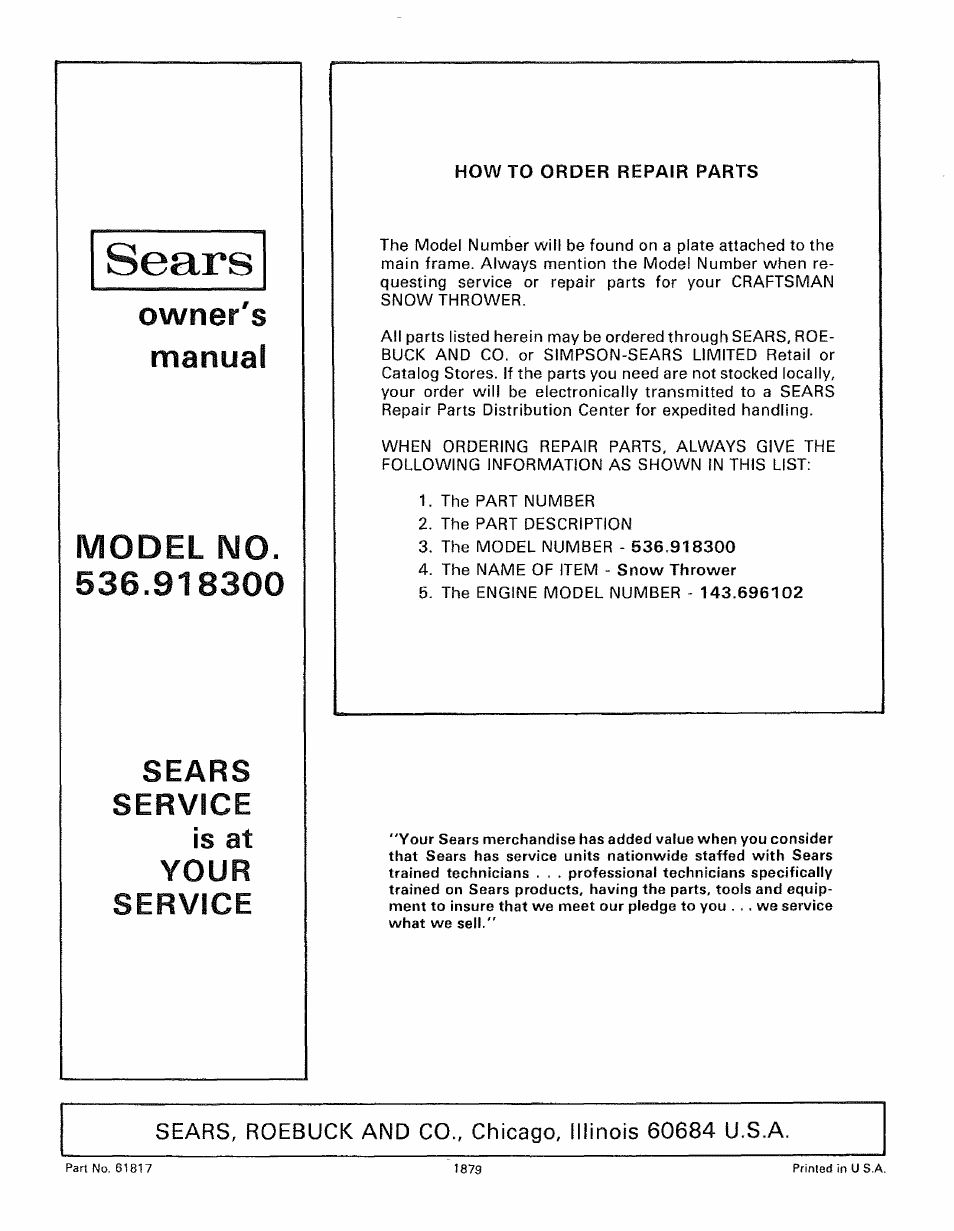 How to order repair parts, Howto order repair parts, Sears | Sears service, Your service, Is at | Sears 536.9183 User Manual | Page 28 / 28