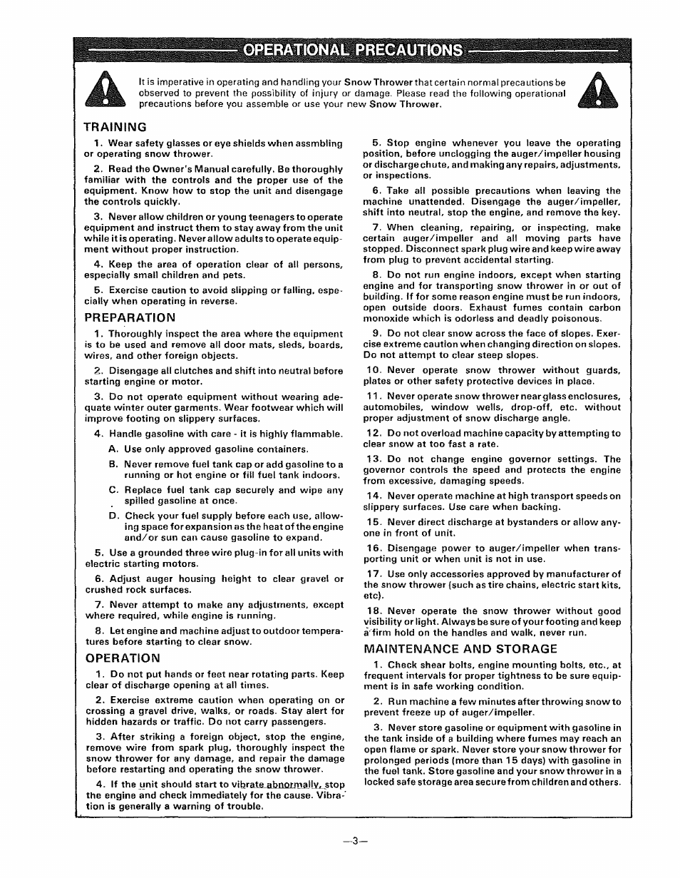 Operational precautions, Training, Preparation | Operation, Maintenance and storage | Sears 536.9183 User Manual | Page 3 / 28