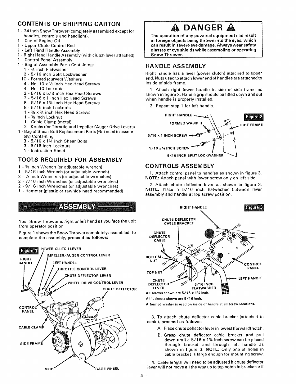 Assembly, A danger a, Contents of shipping carton | Tools required for assembly, Handle assembly, Controls assembly | Sears 536.9183 User Manual | Page 4 / 28