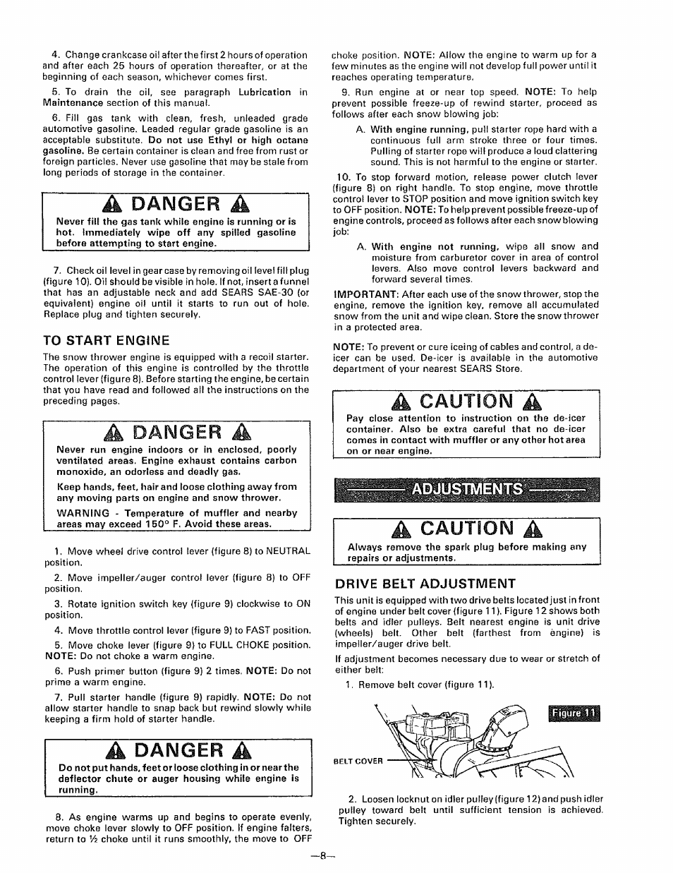 Adjustments, Adjustments -10, Danger a | Danger, Caution | Sears 536.9183 User Manual | Page 8 / 28