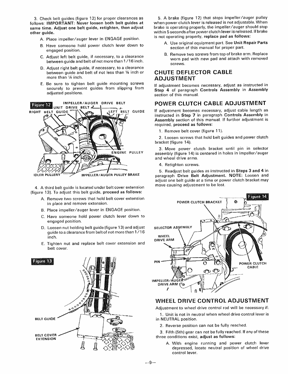 Chute deflector cable adjustment, Power clutch cable adjustment, Wheel drive control adjustment | Sears 536.9183 User Manual | Page 9 / 28