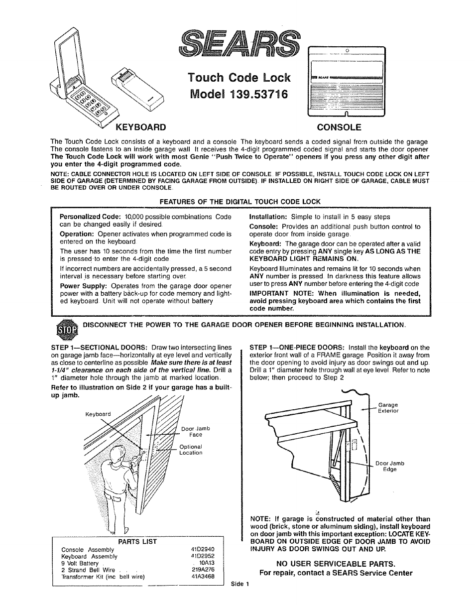 Sears 139.53716 User Manual | 2 pages