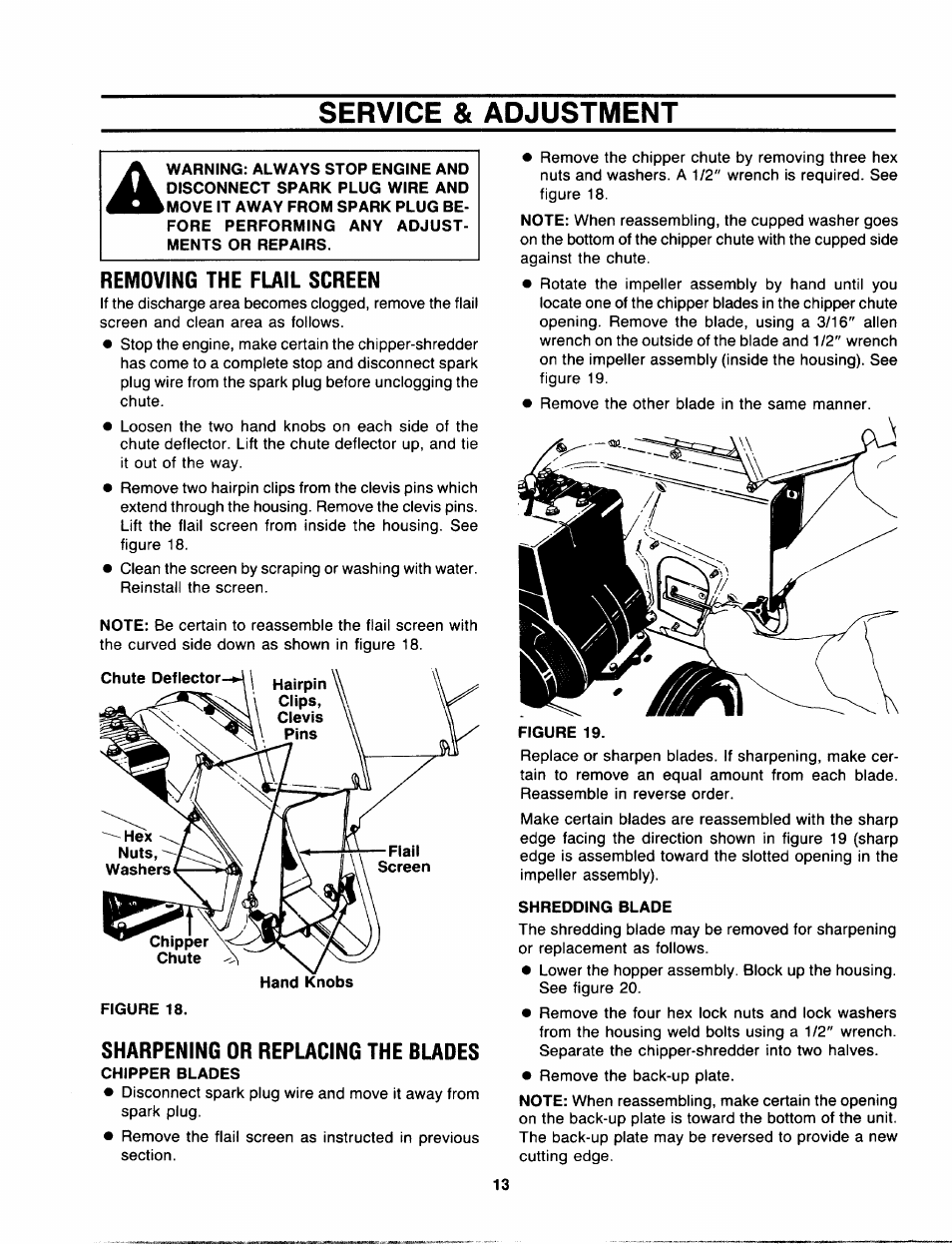 Service & adjustment, Removing the flail screen, Sharpening or replacing the blades | Chipper blades, Shredding blade | Sears 770-7387F 247.78089 User Manual | Page 13 / 24