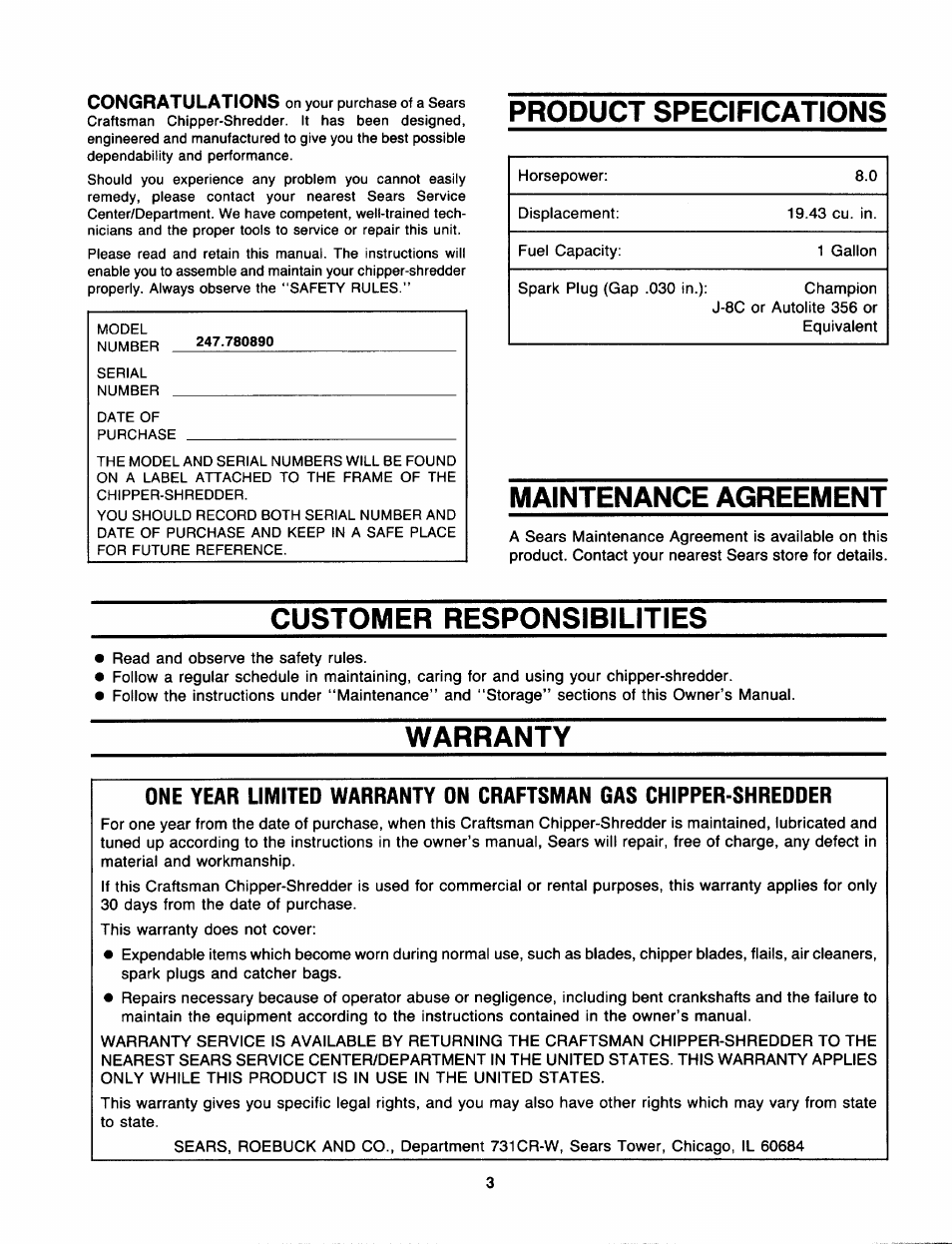 Product specifications, Maintenance agreement, Customer responsibilities | Warranty | Sears 770-7387F 247.78089 User Manual | Page 3 / 24