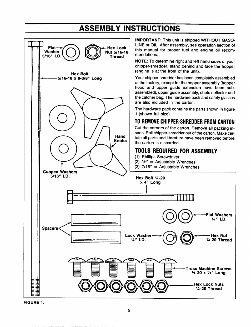 Assembly instructions, To remove chipper-shredder from carton, Tools required for assembly | Hex bolt v4-20 x 4" long, Spacers | Sears 770-7387F 247.78089 User Manual | Page 5 / 24