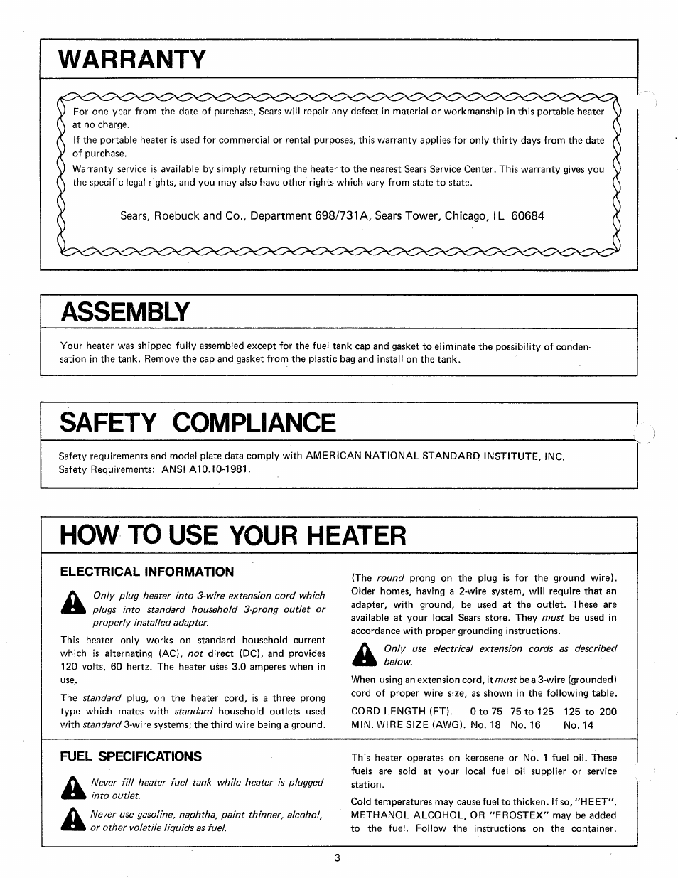 Warranty, Assembly, Safety compliance | How to use your heater | Sears 583.356 User Manual | Page 4 / 16