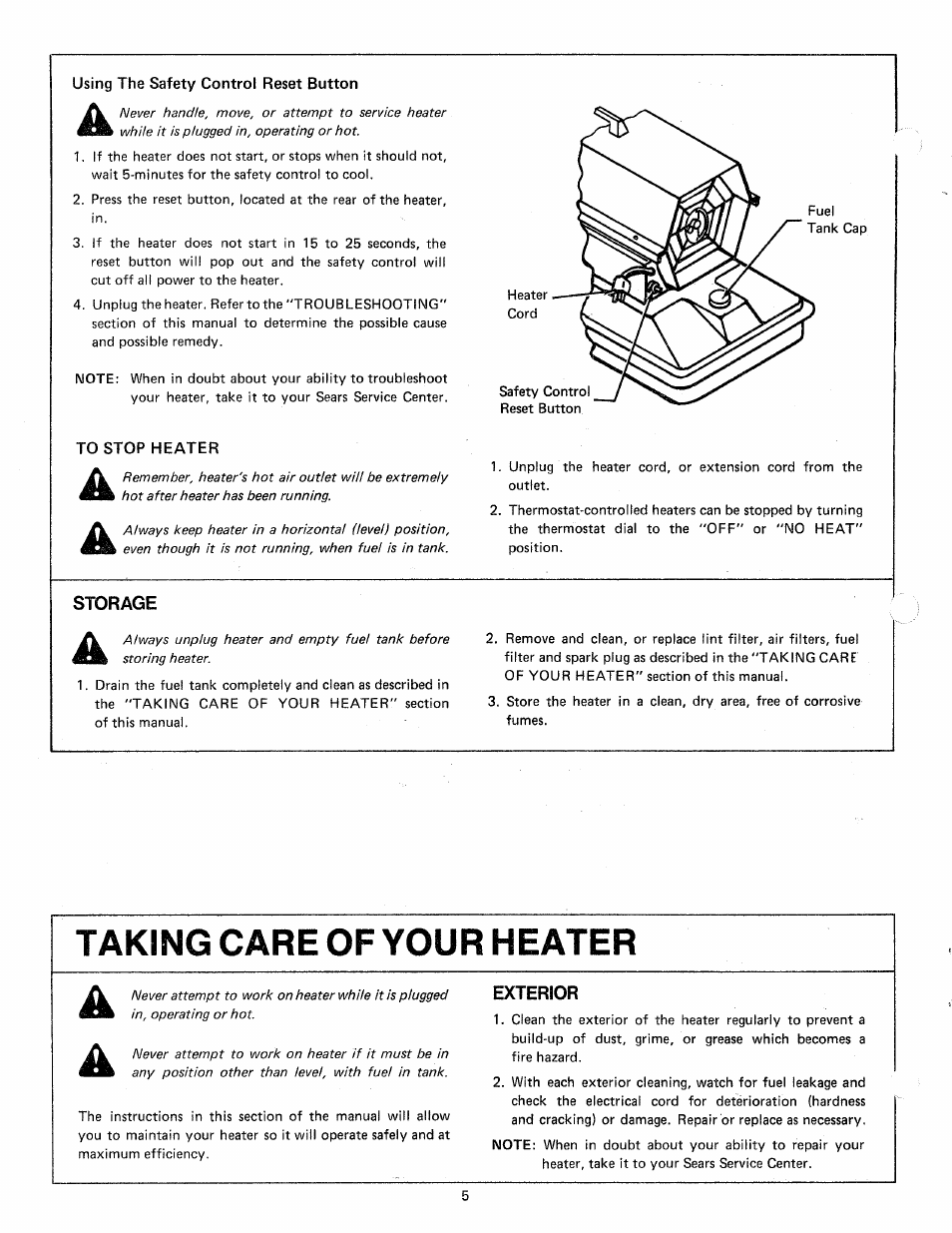 Using the safety control reset button, To stop heater, Storage | Exterior, To start heater | Sears 583.356 User Manual | Page 6 / 16