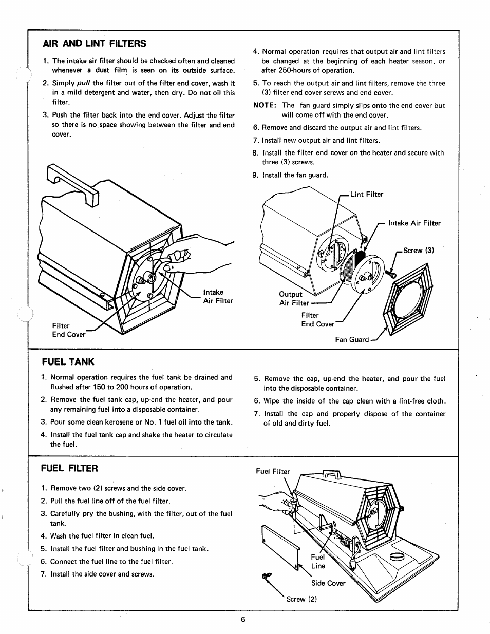 Air and lint filters, Fuel tank, Fuel filter | Sears 583.356 User Manual | Page 7 / 16