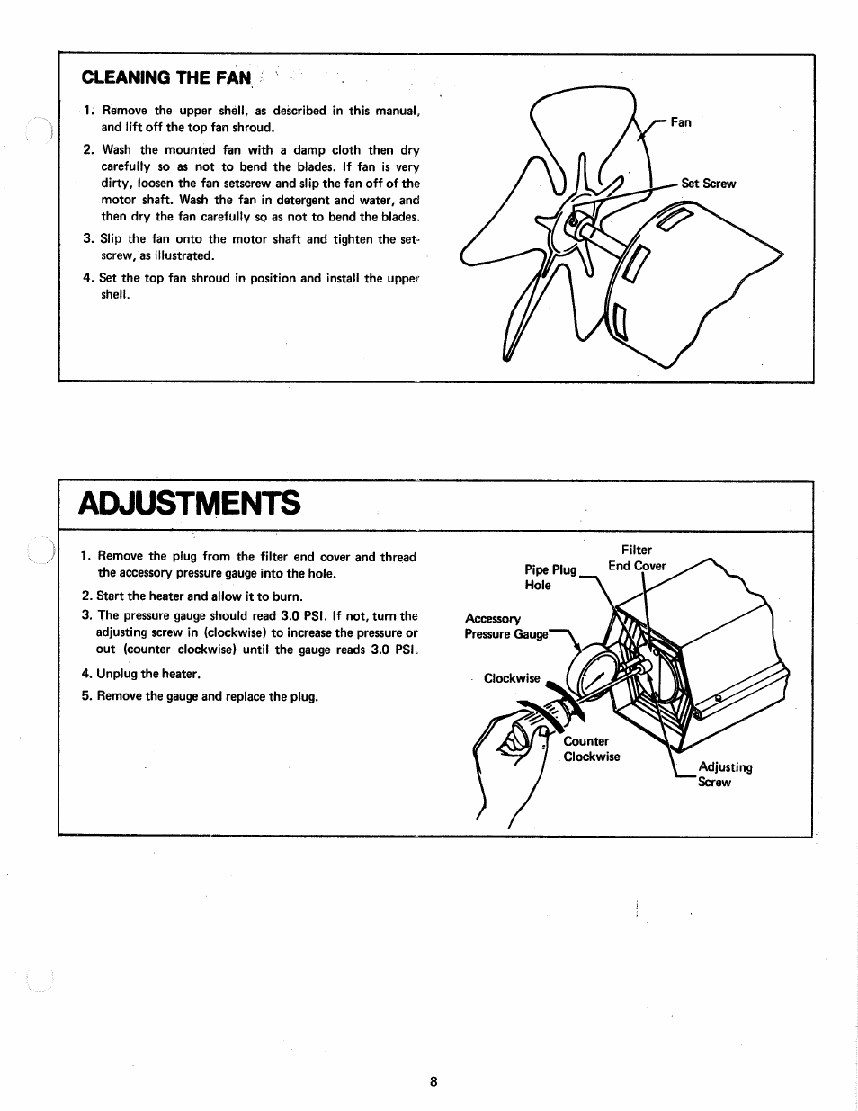 Adjustments, Cleaning the fan | Sears 583.356 User Manual | Page 9 / 16
