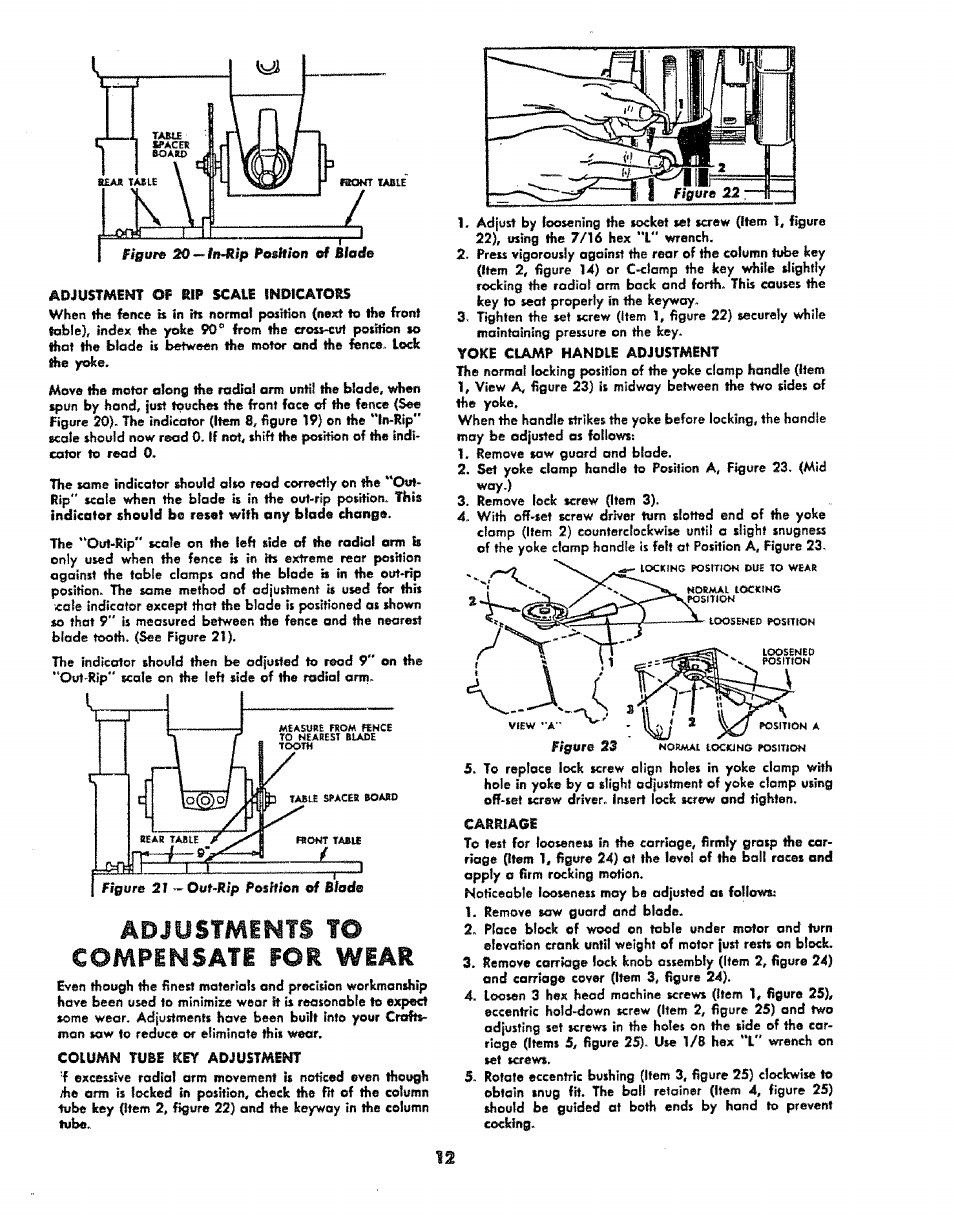 Adjustment of rip scall indicators, Column tube key adjustment, Yoke clamp handle adjustment | Carriage, Adjustments to compensate for wear | Sears 113.29003 User Manual | Page 12 / 16